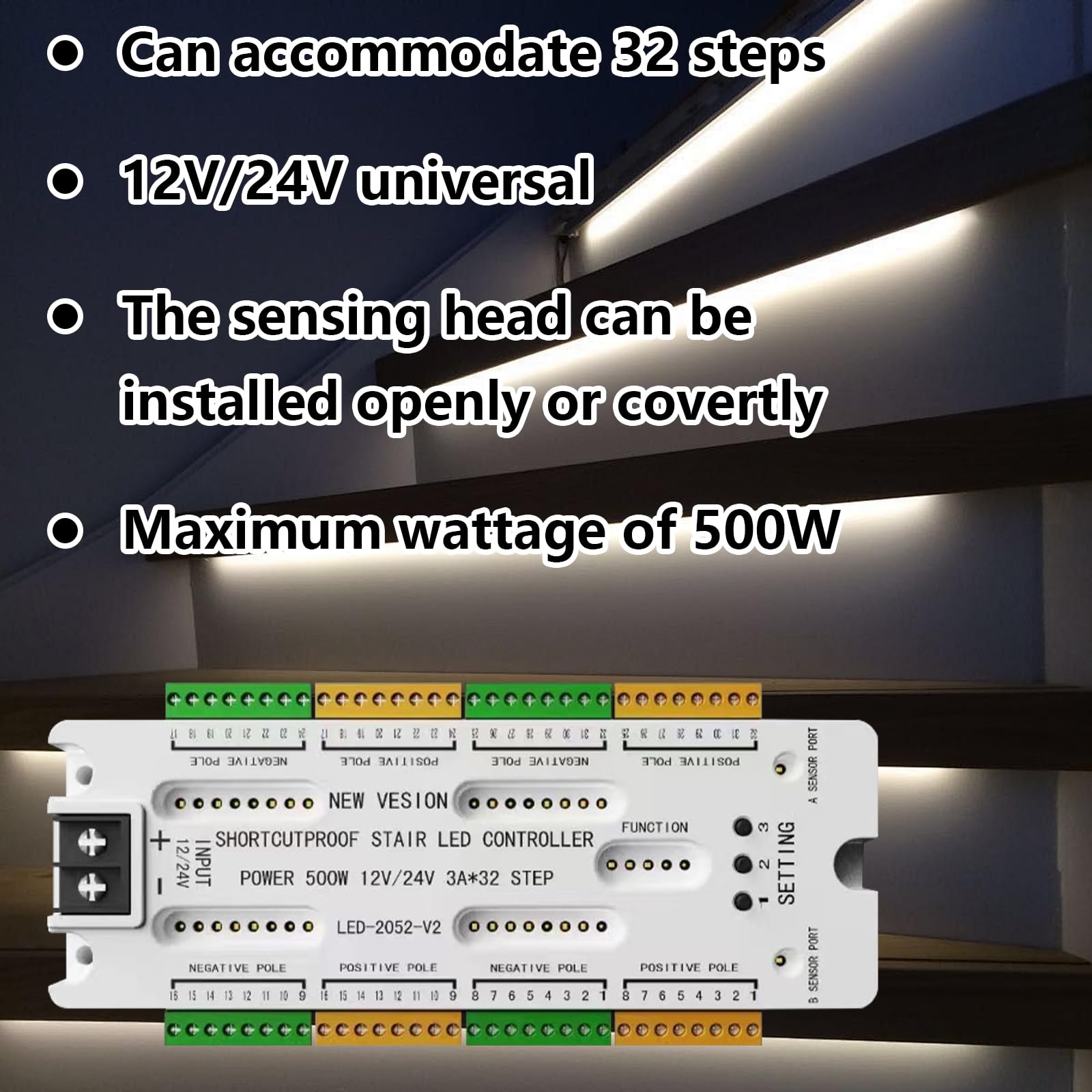 Controller Luci Scale a LED, Sensore di Movimento Controllo Automatico Luci Scale a LED, Protezione da Cortocircuito, 32 Livelli, Luminosità Regolabile per Illuminazione Interna Sotto le Scales