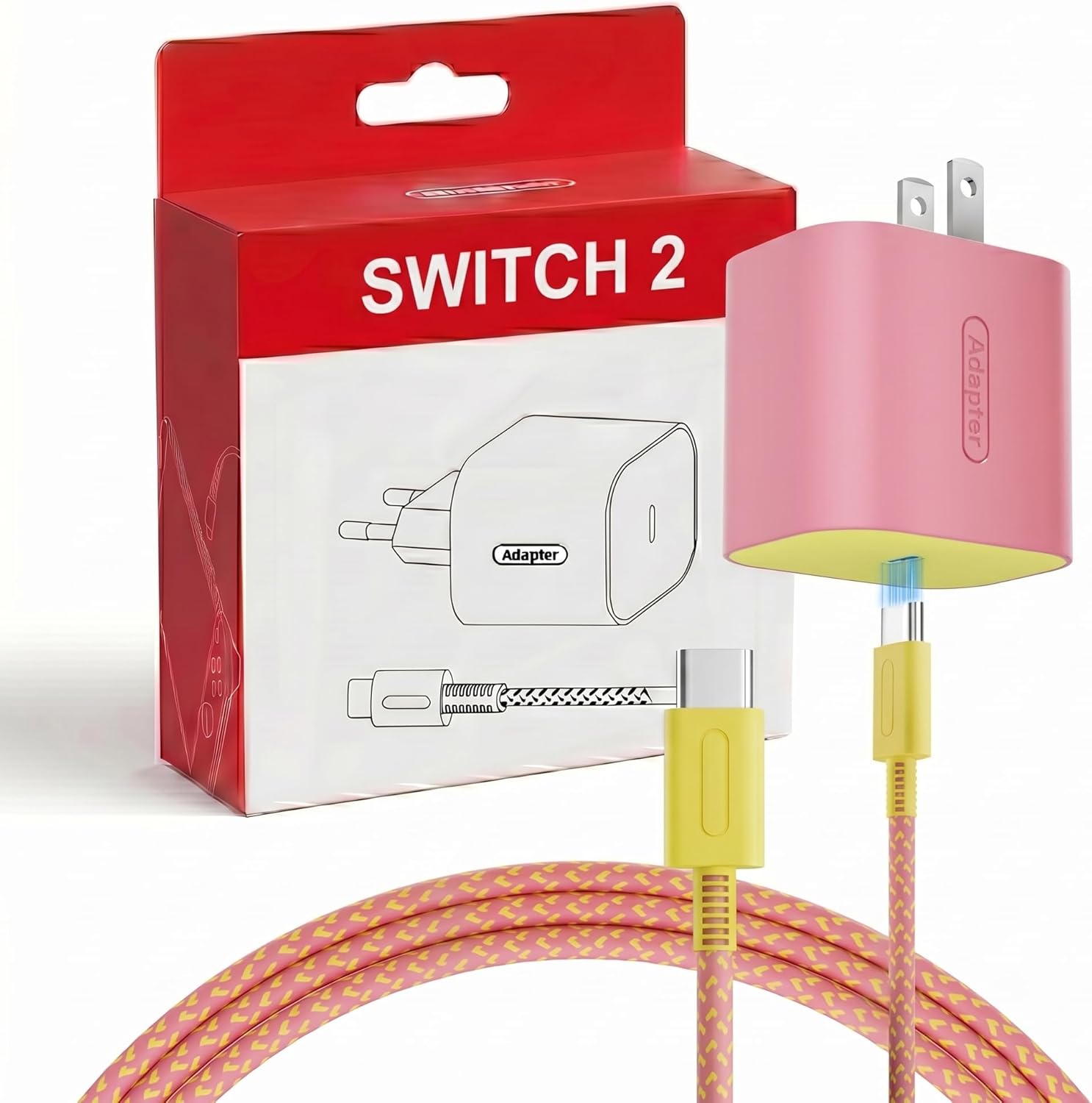 Switch 2 Charger - 60W AC Adapter for Nintendo Switch/OLED/Lite & Steam Deck,20V/3A Fast Charging with 6.6FT Braided USB-C Cord, Support 4K TV Mode (Pink & Yellow)