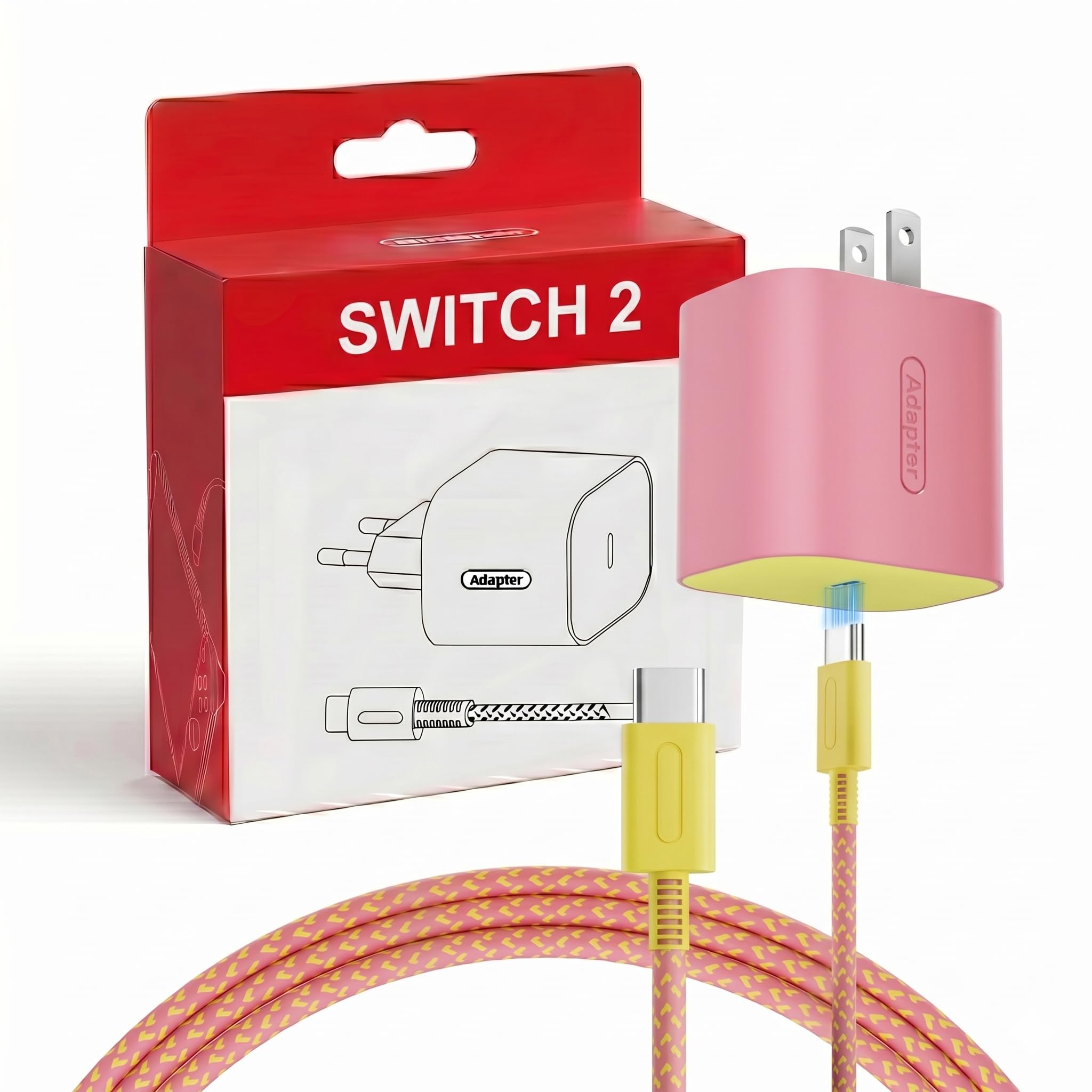 Switch 2 Charger - 60W AC Adapter for Nintendo Switch/OLED/Lite &amp; Steam Deck,20V/3A Fast Charging with 6.6FT Braided USB-C Cord, Support 4K TV Mode (Pink &amp; Yellow)