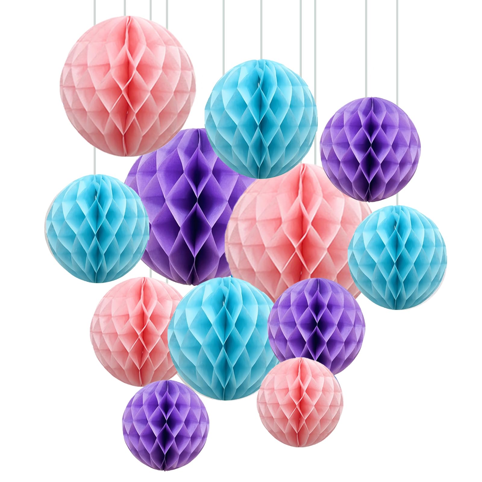ZYOOO 12pcs Paper Honeycomb Balls, 15/25cm Tissue Paper Hanging Balls for Birthday Party Mermaid Wedding Baby Shower Decorations(Pink Purple Blue)