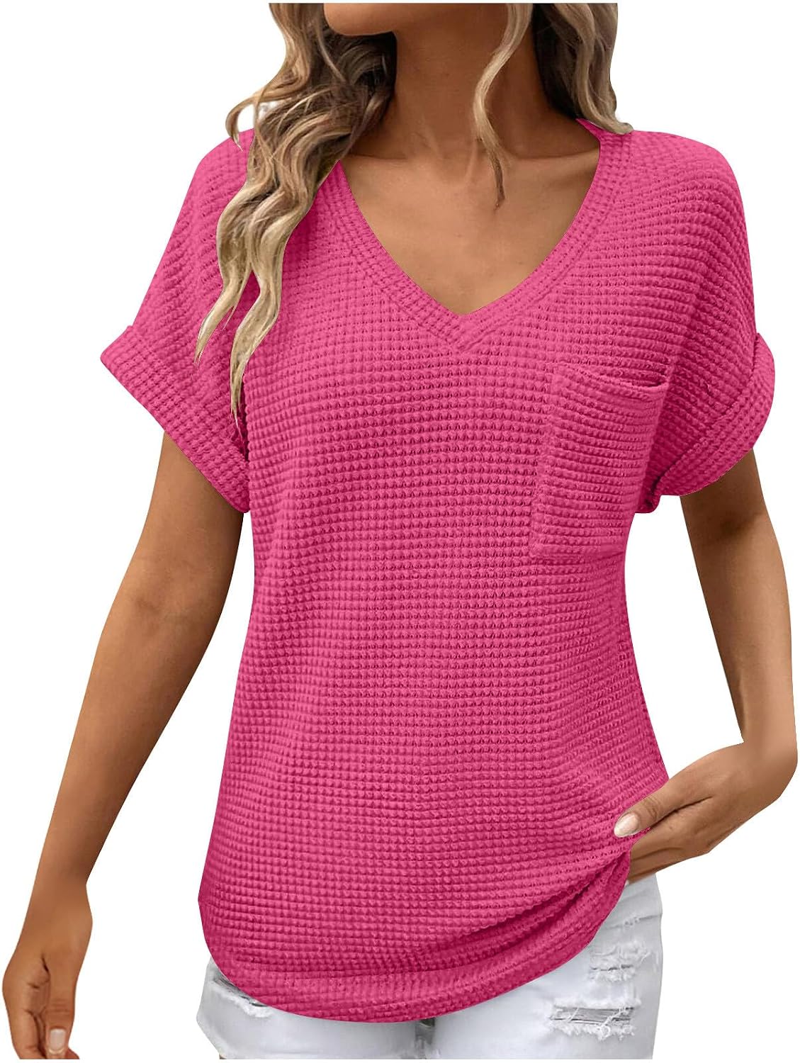 Womens Waffle Knit Tops 2026 Spring Summer V Neck Shirts Casual Trendy Women's Blouses Basic Tees Comfy T-Shirts