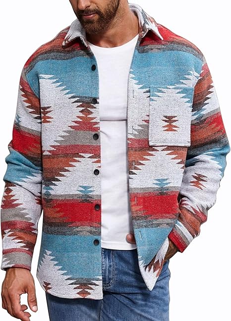 Sherpa Jacket Men Ethnic Aztec Print Flap Pockets Button Up Jacket