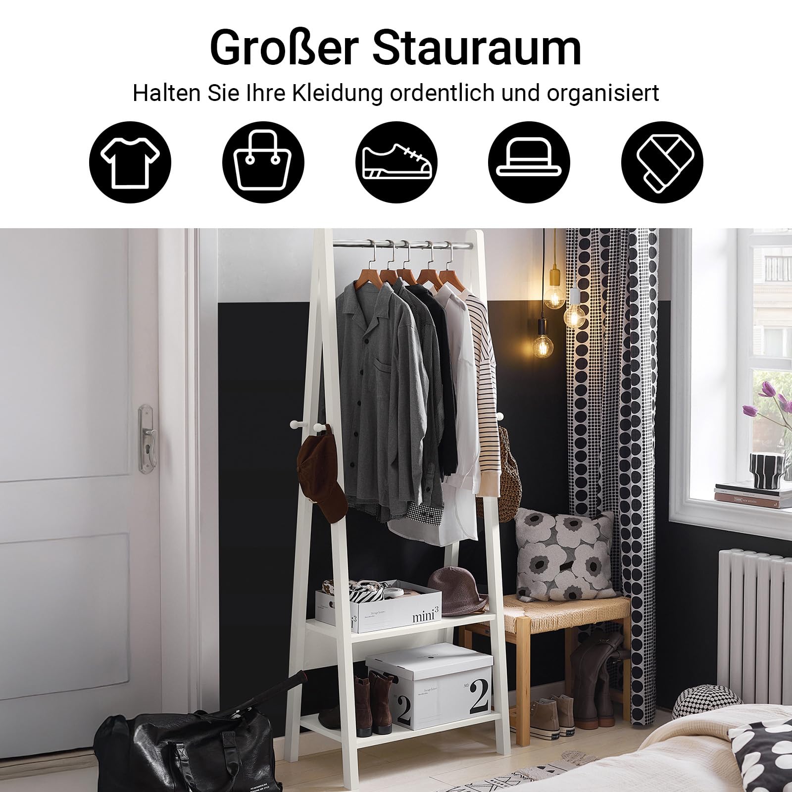 SoBuy Kleiderständer freistehend mit 2 Ablagen, Weiß | Garderobenständer mit Hängestange, ideal für Schlafzimmer & Flur, robuste Konstruktion, FRG59-W