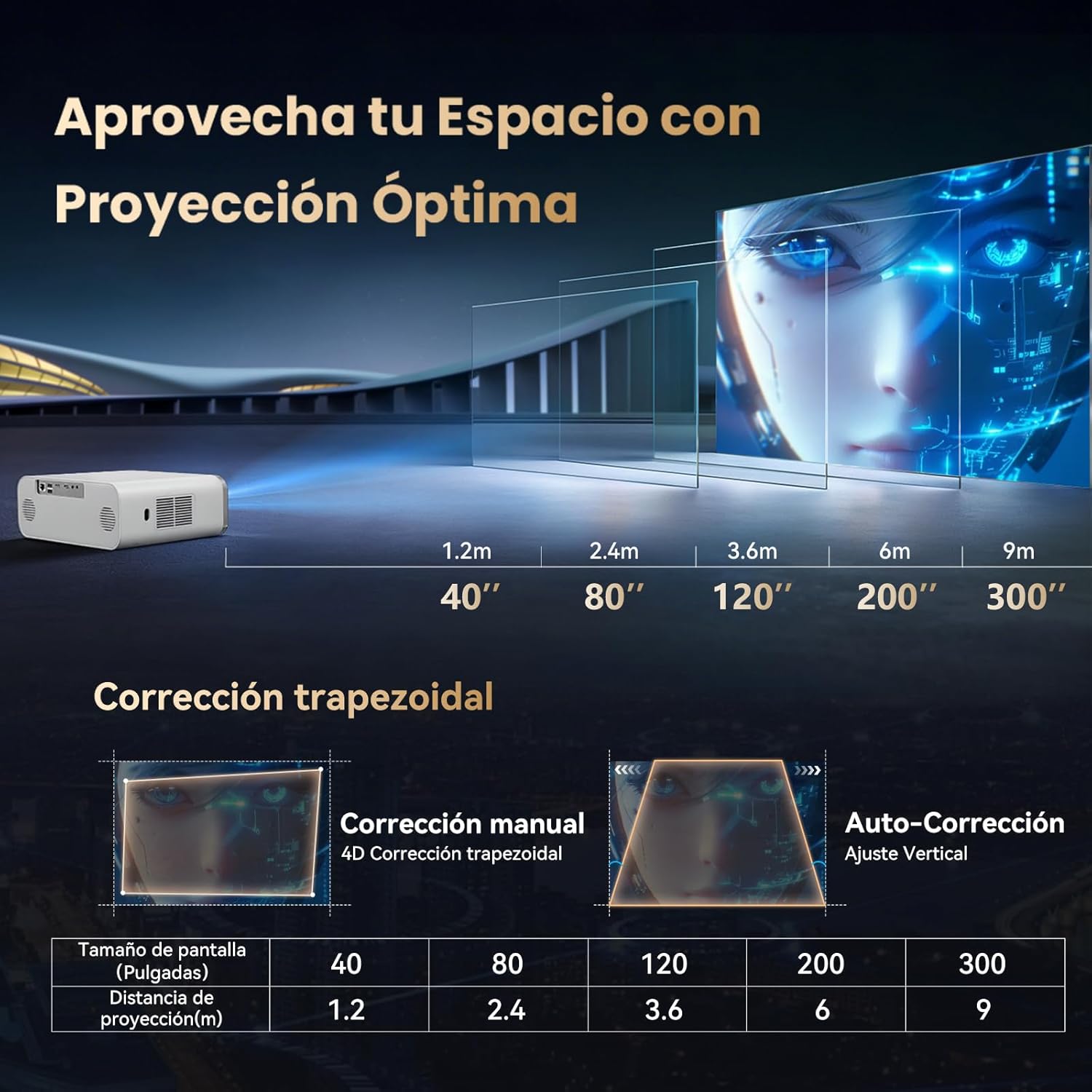 Projection distance guide for VUEKIME projector showing screen sizes from 40 to 300 inches at various distances