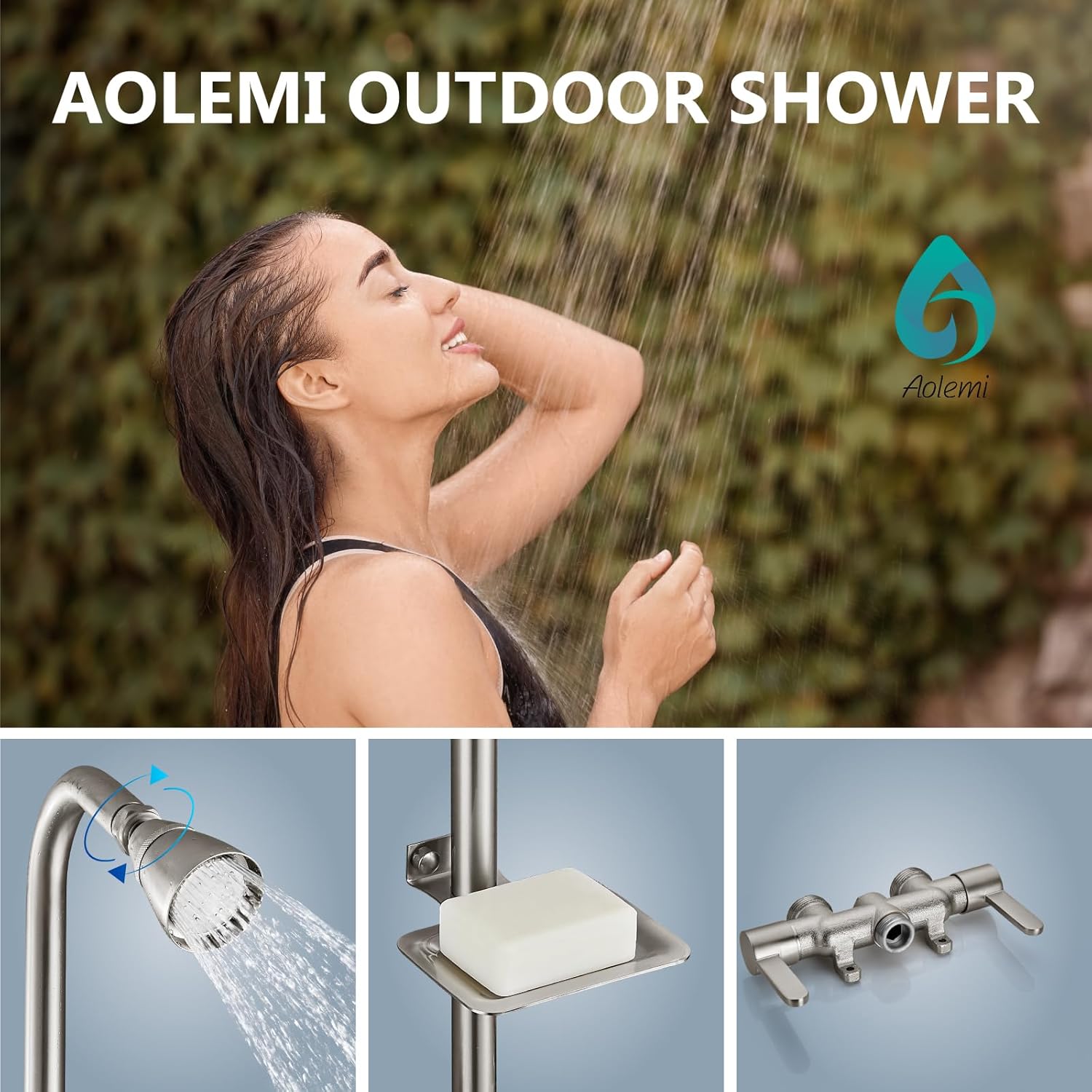 Aolemi Outdoor Shower Fixtures,Outdoor Shower Kit Faucet System 3 Inch Center with Showerhead 2 Handle Exposed Shower with Brass Mix Valve Pipe Downward with Soap Dish Brushed Nickel