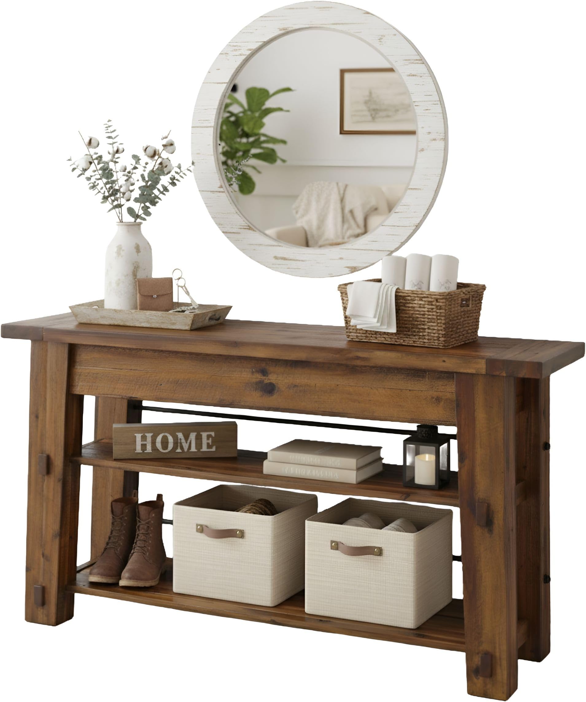 Durango 54-Inch Farmhouse-Industrial Style Wood Console Table with Two Open Shelves, Solid Wood Top, and Natural Grain and Knots – Fits TVs up to 60 Inches in Living Rooms by Alaterre Furniture