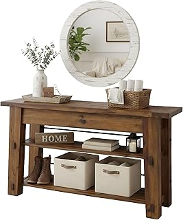 Durango 54-Inch Farmhouse-Industrial Style Wood Console Table with Two Open Shelves, Solid Wood Top, and Natural Grain and Knots – Fits TVs up to 60 Inches in Living Rooms by Alaterre Furniture