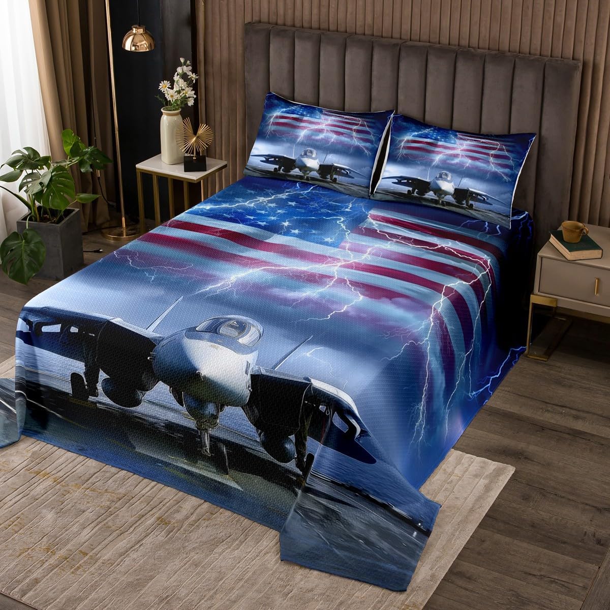 Homewish 3D Aircraft Bedspread Twin Size,American Flag Bedding Set 2Pcs for Kids Boys Teens,Glowing Lightning Comforter Set Fashion Cool Airplane Quilt Coverlet Adult Bedroom Decor,1 Pillowcase