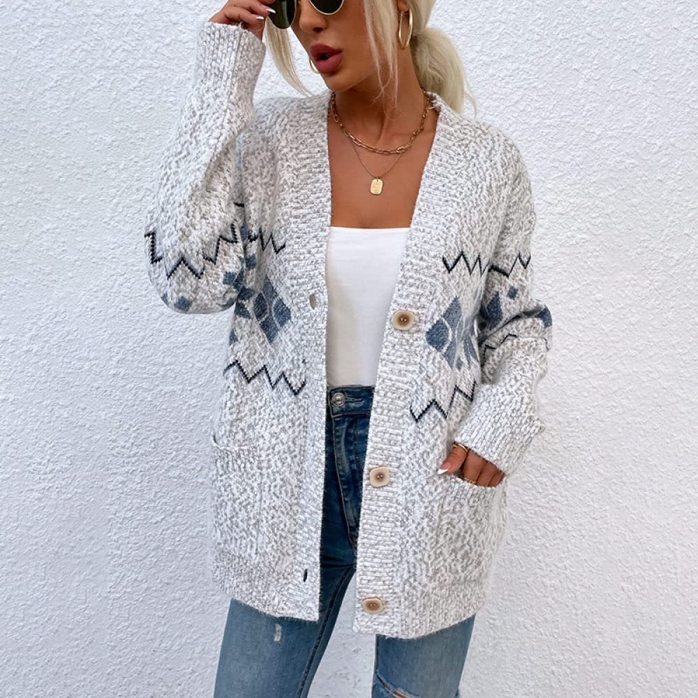 Cardigan Femme, Cardigan Femme Vintage Gris Clair Col En V Flocon De Neige Ondulation Jacquard Avec Poche Manteau En Tricot De Noël Doux Chaud Automne Hiver Veste En Tricot À Manches Longues Bouto