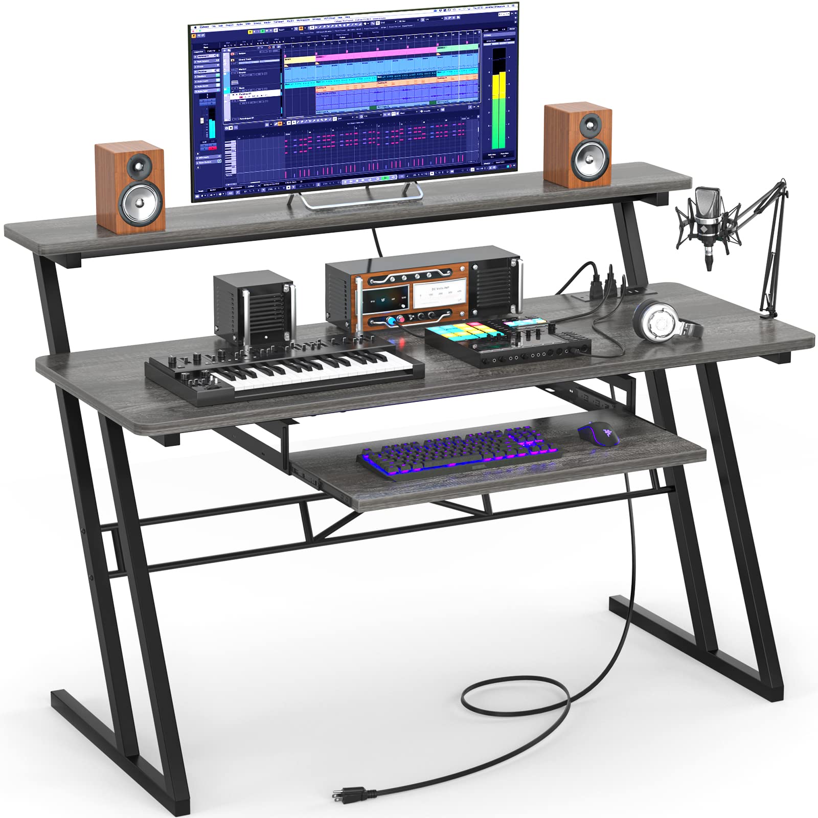 Armocity Music Studio Desk, Music Production Workstation with Power Outlets, Recording Studio Table Desks Music Producer for Home, Grey Oak