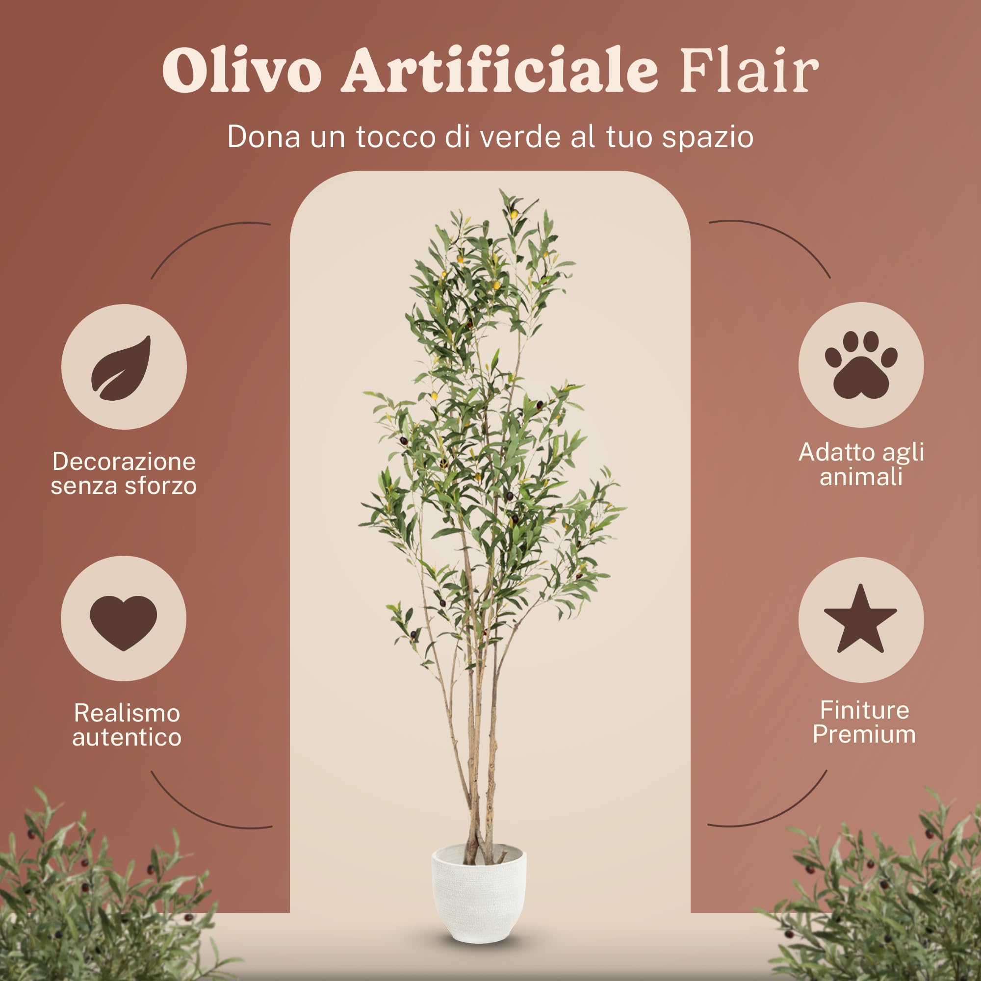 MAIA SHOP Olivo artificiale Flair 150 cm Minimal, pianta finta da interno con tronco naturale, albero decorativo realistico per casa ufficio hotel