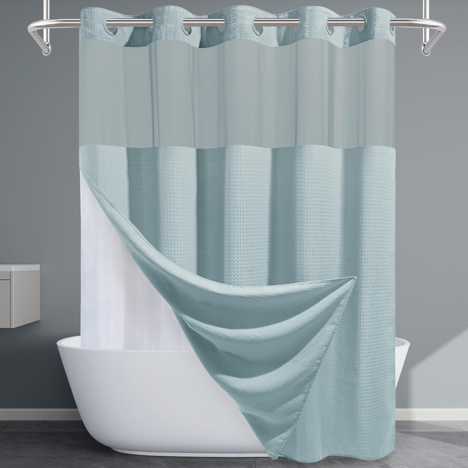 EUTXL Tenda da doccia lunga senza gancio con fodera a scatto, 230 g/m², tessuto a nido d'ape, per bagno, 180 x 213 cm (larghezza x altezza