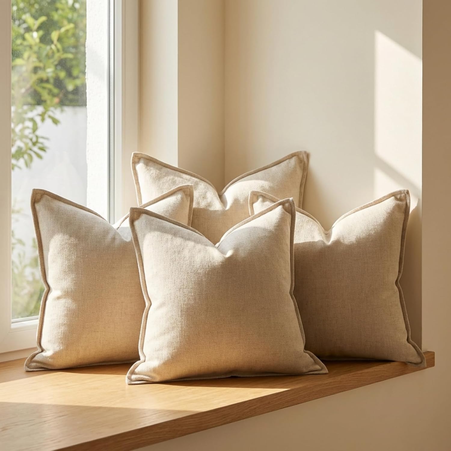 4 Pack 20x20 Inch Linen Pillow Covers Decorative Neutral Linen Throw Pillows Cases, Soft Rustic Cushions Boho Farmhouse Pillowcases for Bed Sofa Living Room Spring Decor(Beige)