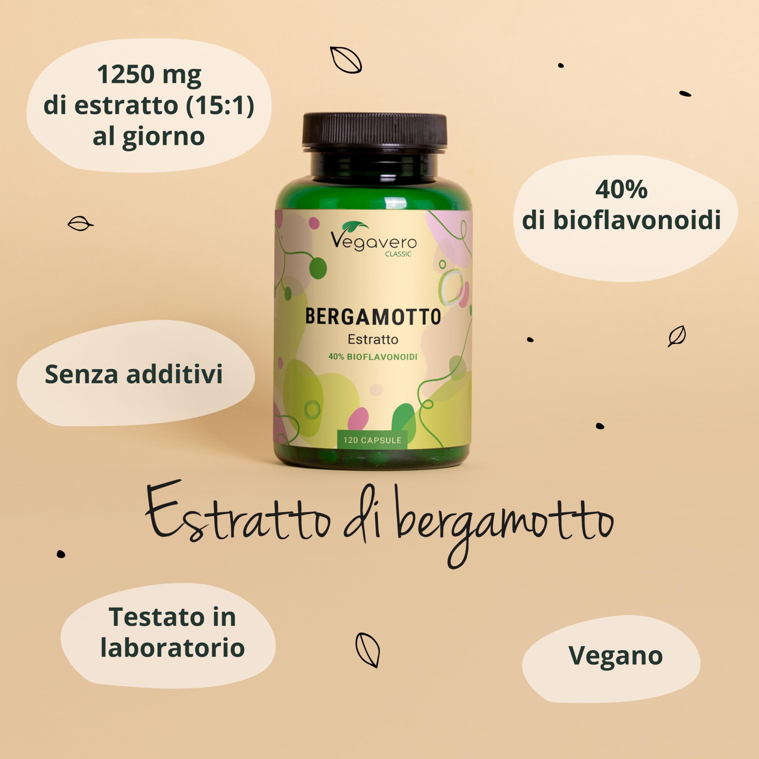 BERGAMOTTO Vegavero® | 1250 mg (15:1) | l’unico con 40% di Bioflavonoidi | Integratore per la Salute Cardiovascolare | Citrus Bergamia | 120 Capsule | Vegan