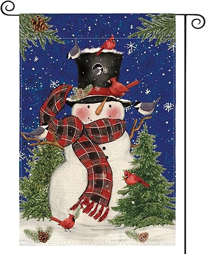 AVOIN colorlife Bandera de Navidad con bufanda de muñeco de nieve azul para jardín, de 12 x 18 pulgadas, de doble cara, bandera decorativa para