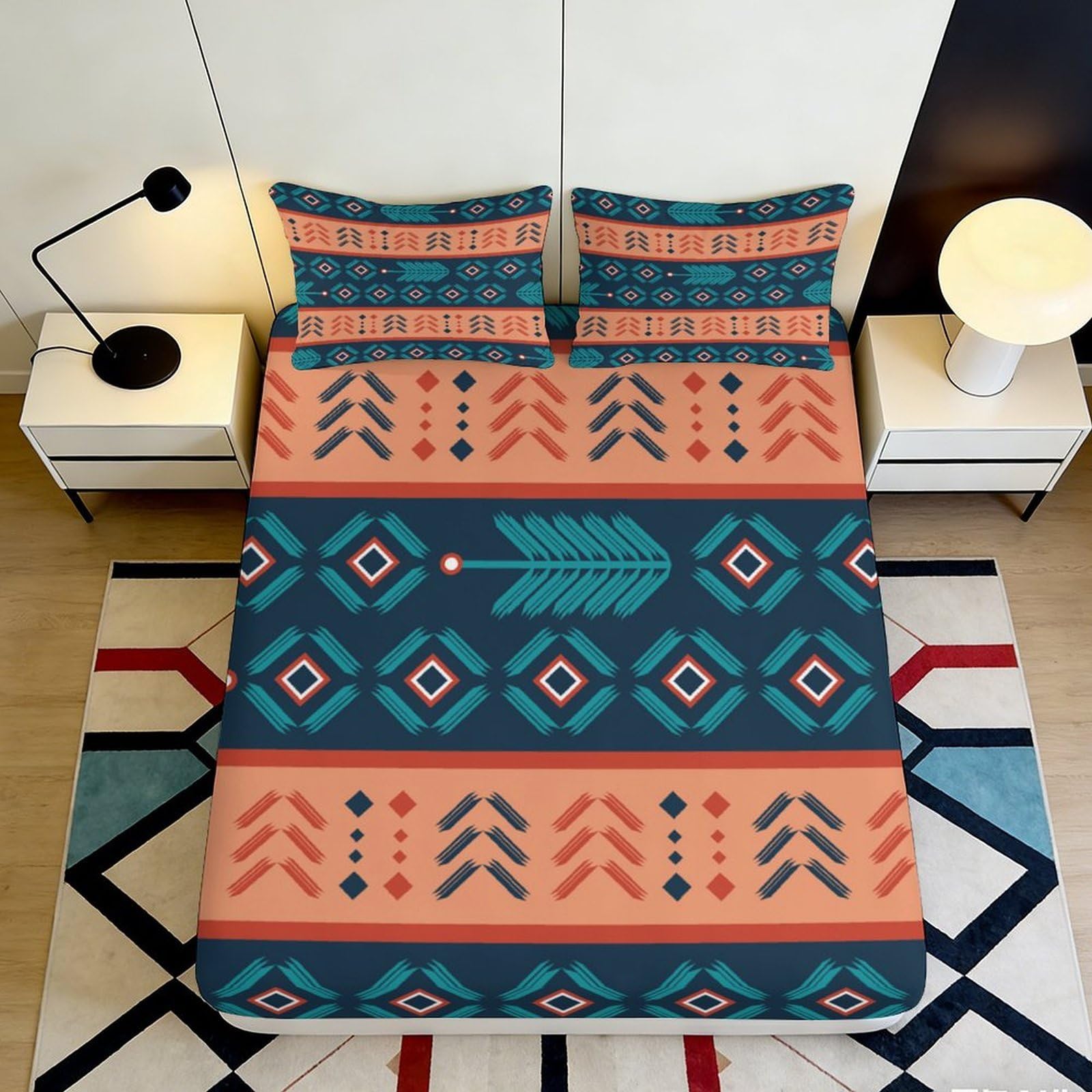 3D Printed Tribal Arrow Fitted Sheet Microfiber Soft Breathable Geometric Pattern Bed Cover for Bedroom Dorm Decor 90x200x25cm