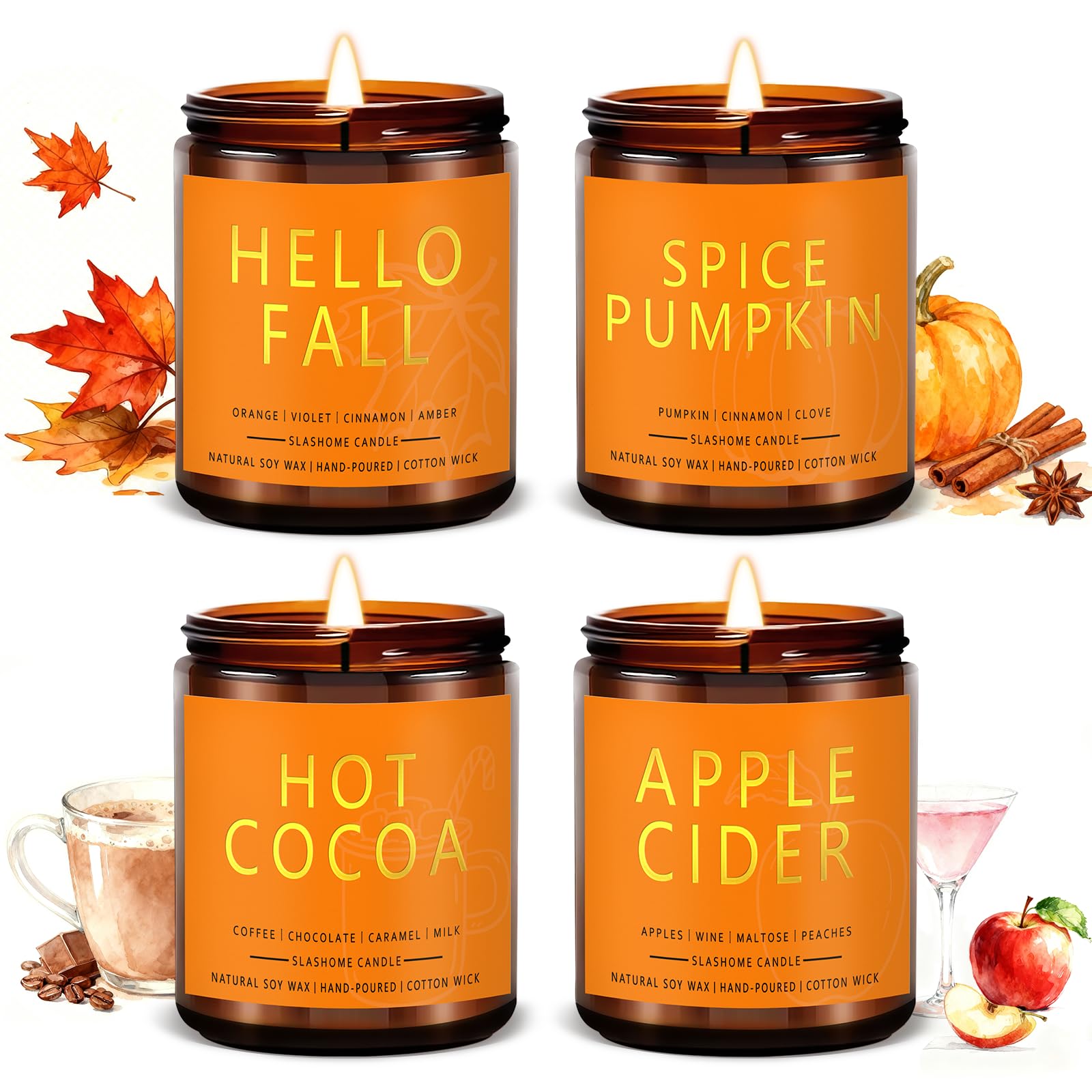 Herbstkerzen Set | Herbstduft Duftkerzen, Herblich Soja Kerzen, Herbst Kerzen Set, Herbstgeschenke, Kerze im Glas 200 ml - herbstlicher Duft Hello Fall/Gewürz/Apfelkürbis