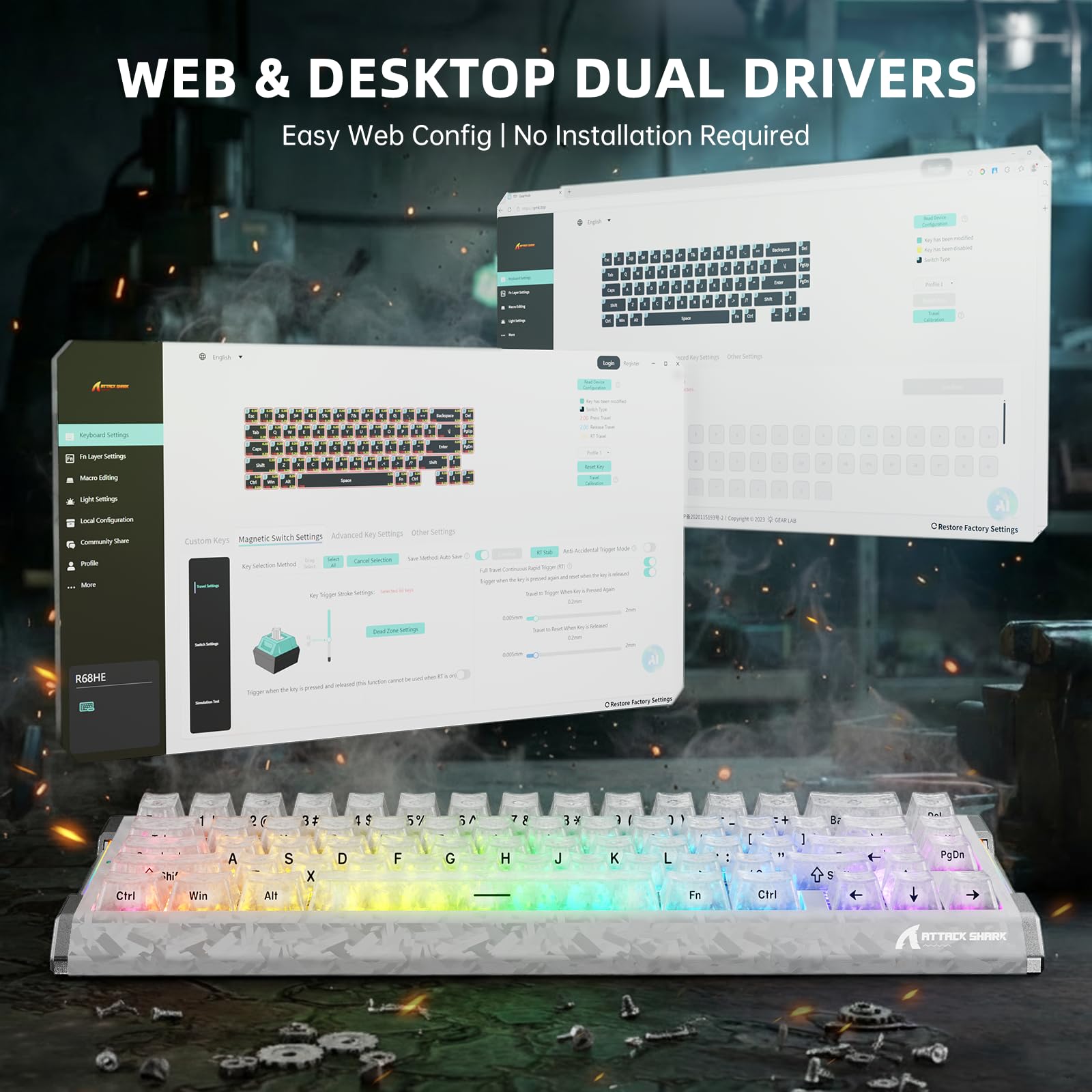 ATTACK SHARK R68 HE Klawiatura Magnetyczna 8000Hz, Rapid Trigger 0,005 mm, Kute Włókno Węglowe i Aluminium CNC, Snap Tap, Efekt Halla, 60% RGB Przewodowa, US QWERTY, Biały lód