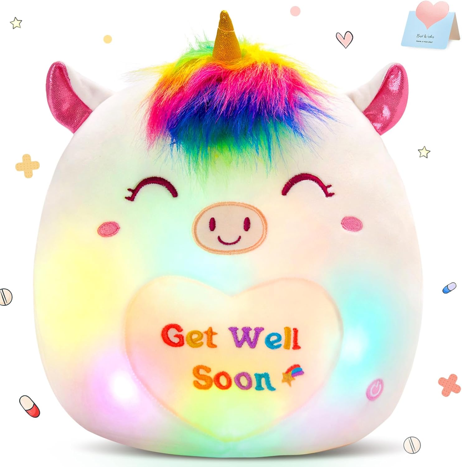 Athoinsu 12" Get Well Soon Unicorn Led Plush Pillow Soft Sofa Cushion Squishy Plushie Toy Cute Stuffed Animal Room Decor Feel Better Gifts for Recovering Patient