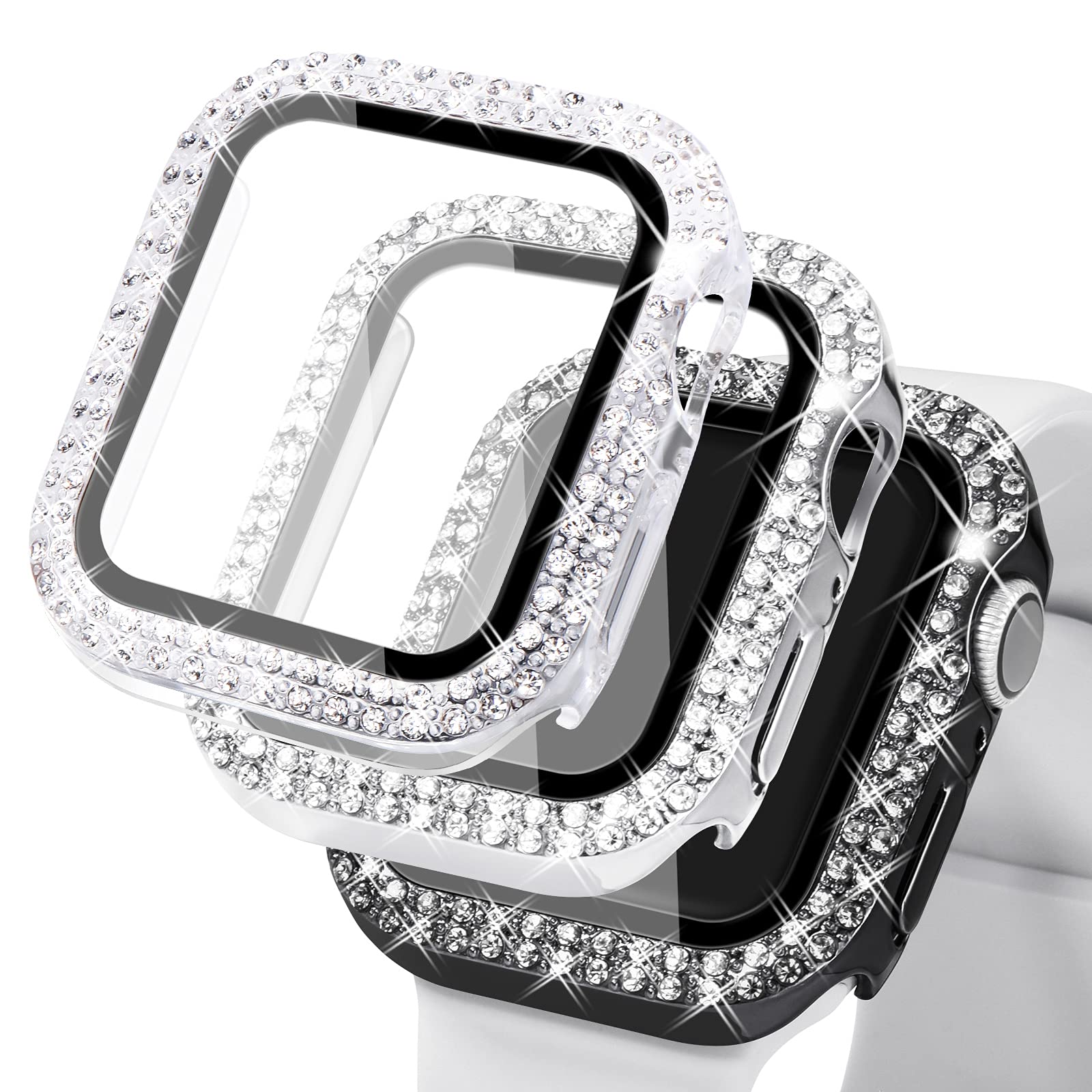 WINGLE Compatible with Apple Watch Screen Protector 44mm SE 3 2 1/ Series 6 5 4, Women Shiny Diamond Cover with Tempered Glass Screen Protector for Apple Watch Case 44mm,Clear — view 32
