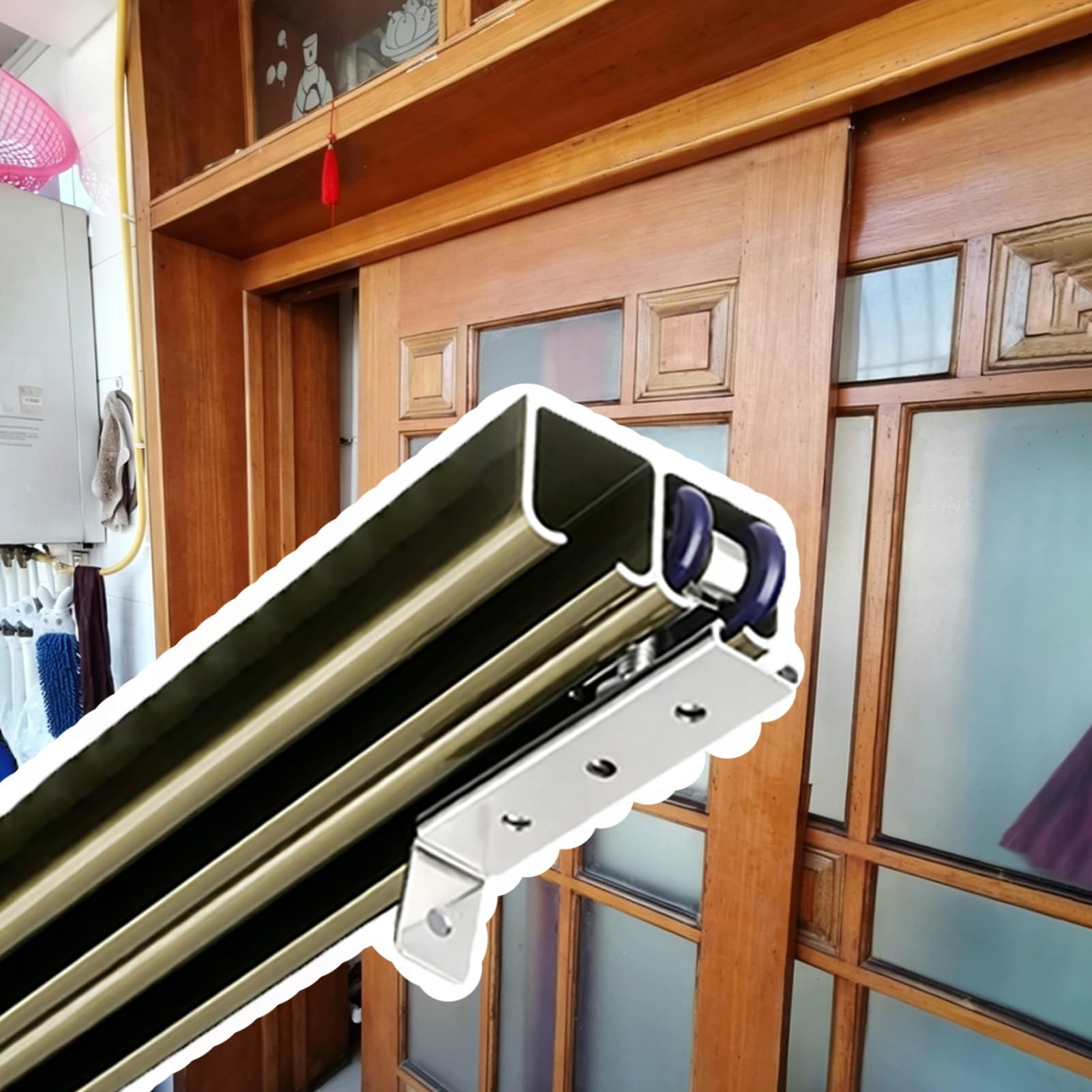 Jievmrs 4 6 7 8 ft Barn Door Bypass Sliding Double Track for 2 Doors, Cabinet Pocket Door Hardware Kit for Closet Doors, Metal Slide Guide for Sliding Panel(173cm/5.7ft)