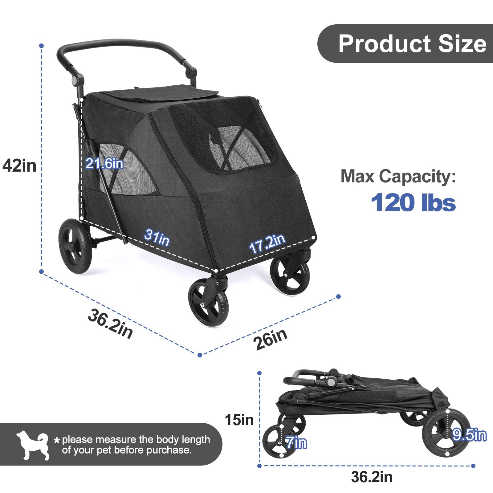Cochecito de viaje grande para perros con 4 ruedas resistentes, cochecito para mascotas con mango ajustable, carro de gran capacidad con puerta delantera trasera para perros pequeños, medianos