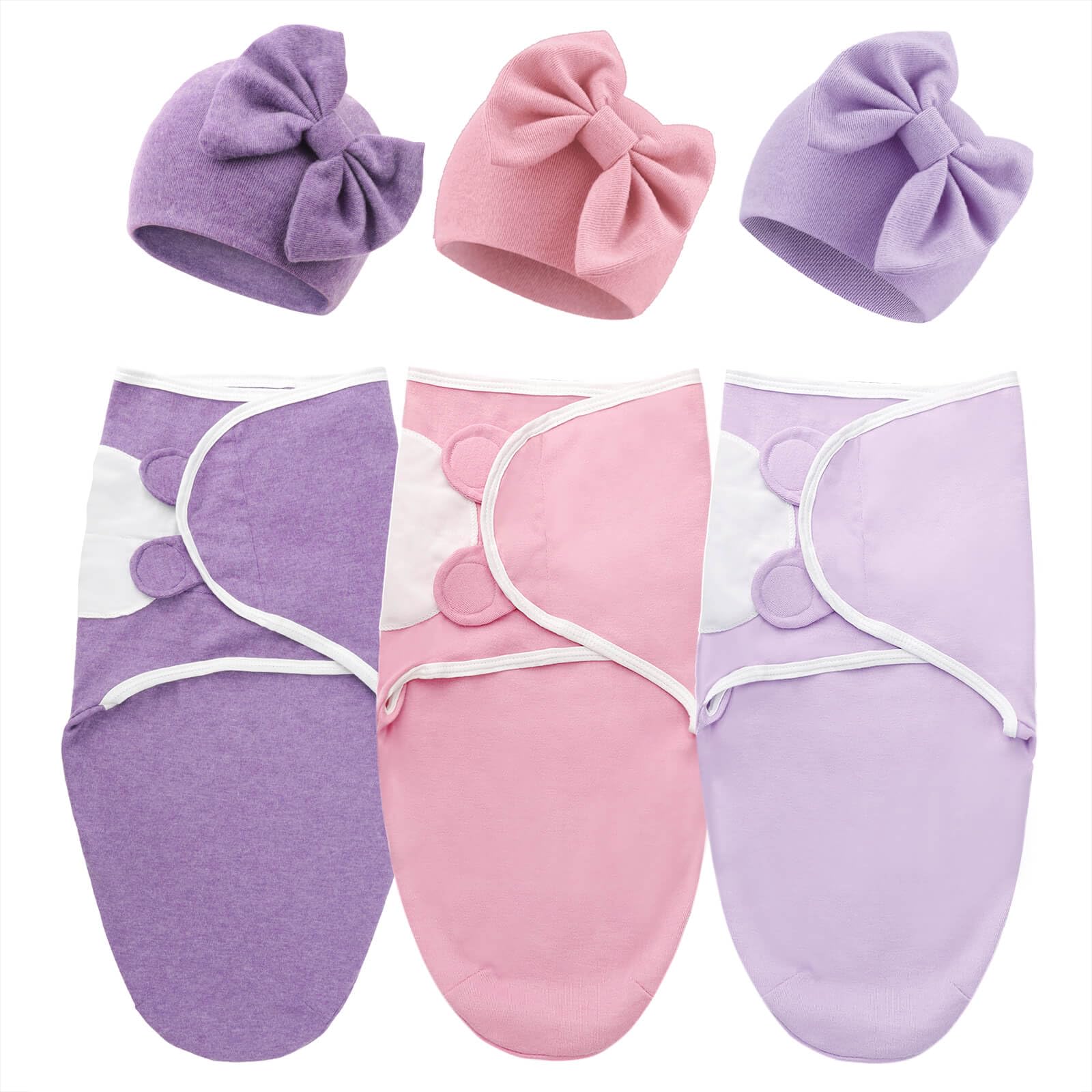 DRESHOW 3 Pack Newborn Swaddle Blanket with Hats Adjustable Swaddling Wrap