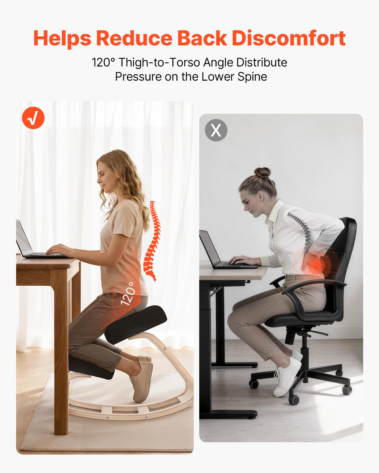 VEVOR Chaise à Genoux Ergonomique, Siège Assis Genoux avec Coussins en Mousse Épaisse, pour Maison, Bureau, Méditation et Yoga, Cadre en Bois Massif, Soulage Les Tensions du Cou et du Dos, Noire
