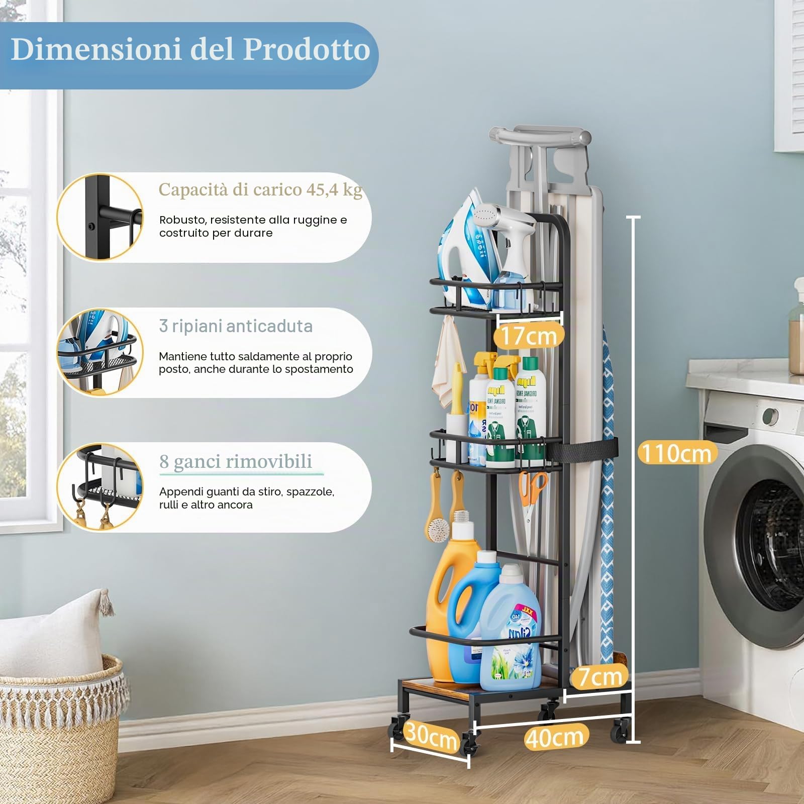 Porta Asse Da Stiro, Appendi Asse Da Stiro Da Tavolo, Supporto Tavola Da Stiro Con Carrello Portaoggetti A 3 Livelli Per Accessori Da Lavanderia Per Gli Articoli Essenziali Della Lavanderia