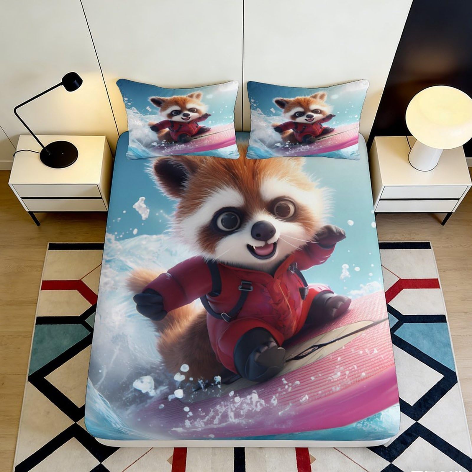 Pnayamiorkfel Style-2 3D Printed Surfing Red Panda Fitted Sheet Microfiber Soft Cartoon Animal Bed Cover For Bedroom Guest Room Dorm Decor 90X200x25cm