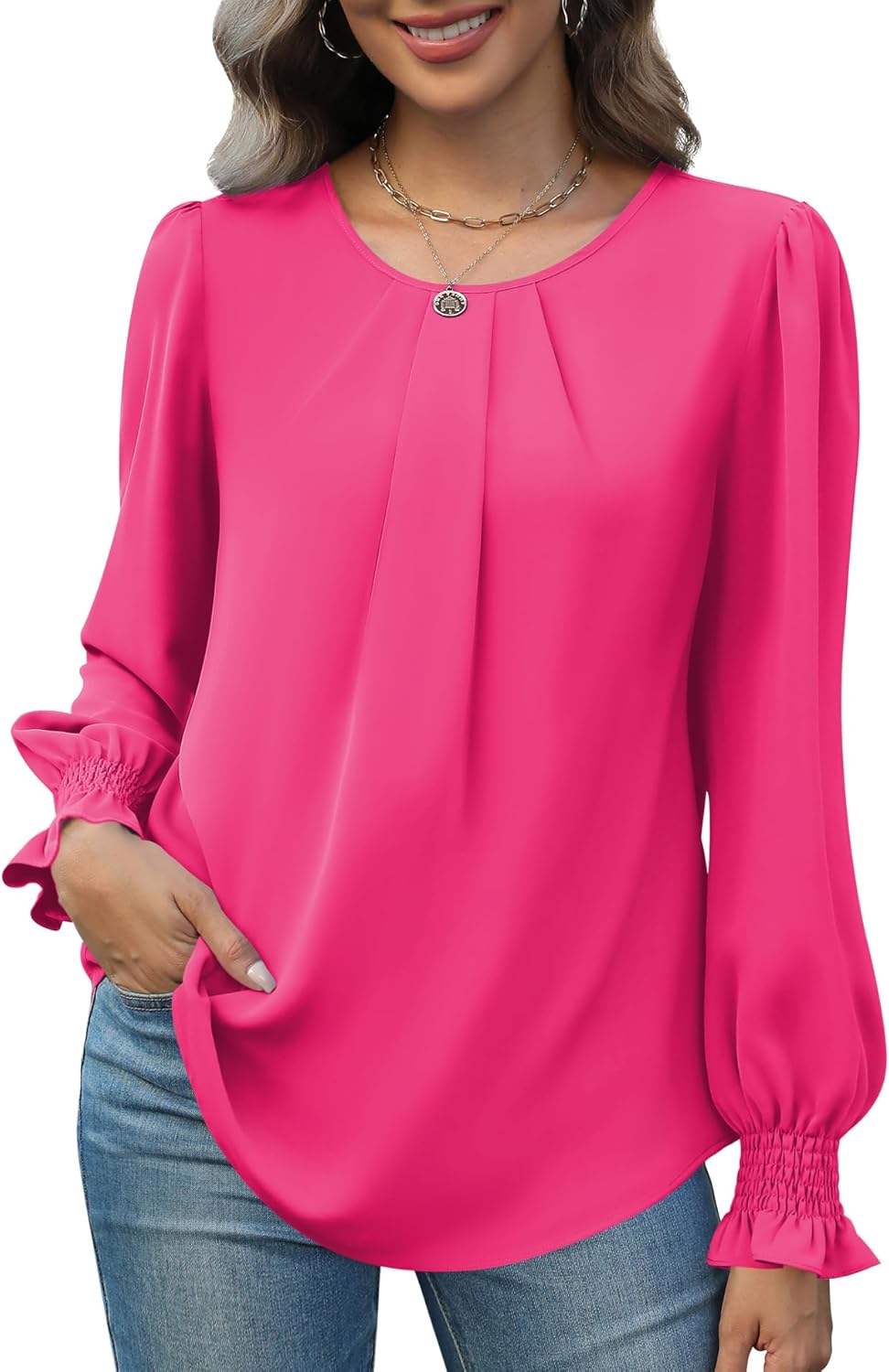 Funlingo Womens Tops Dressy Casual Smocked Long Sleeve Shirts Crew Neck Loose Chiffon Tunics Office Work Blouses