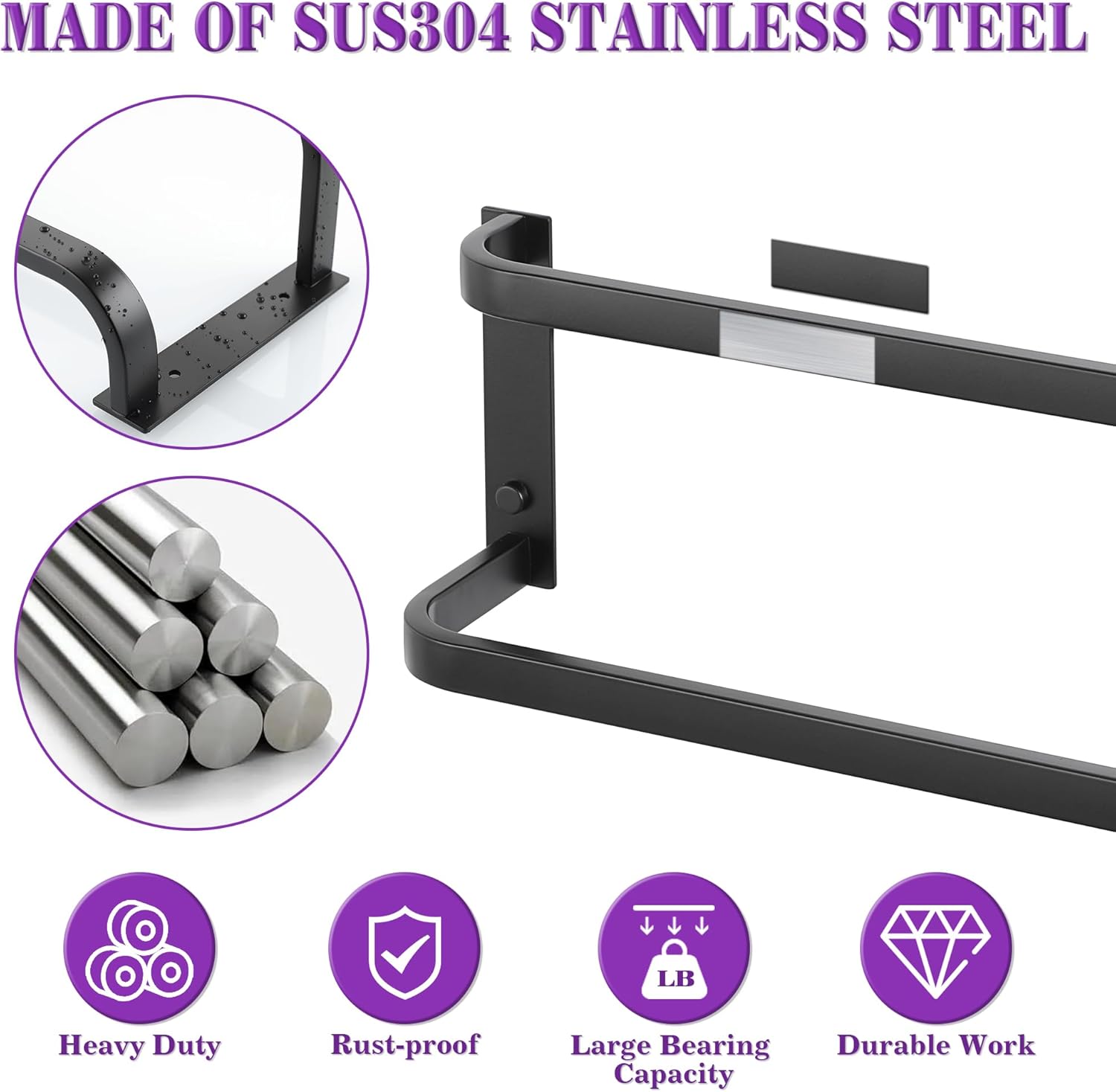 Alise Double Towel Bars for Bathroom,24'' Towel Holder Towel Racks for Bathroom Wall Mount,SUS304 Stainless Steel Double Towel Rail Towel Hanger for Bath Walls,Matte Black - Image 3