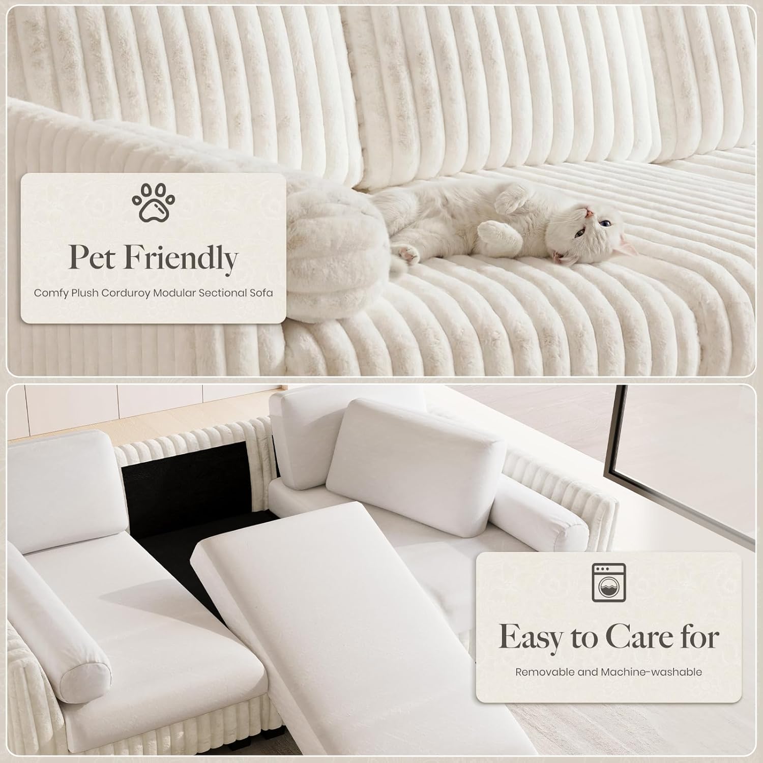 Belffin Plush Corduory Sectional Sleeper Sofa with Wide Deep Seat Modular Sectional Cloud Couches for Living Room. Beige Couch