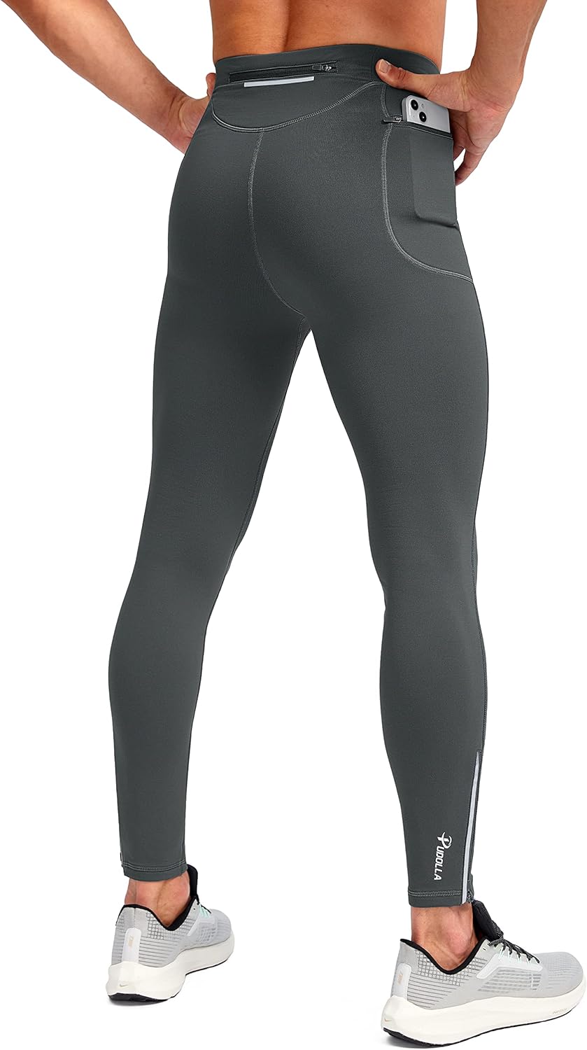 Pudolla Men's Fleece-Lined Thermal Running Tights - 3 Zipper Pockets, Ankle Zippers for Winter Cycling, Hiking, Jogging