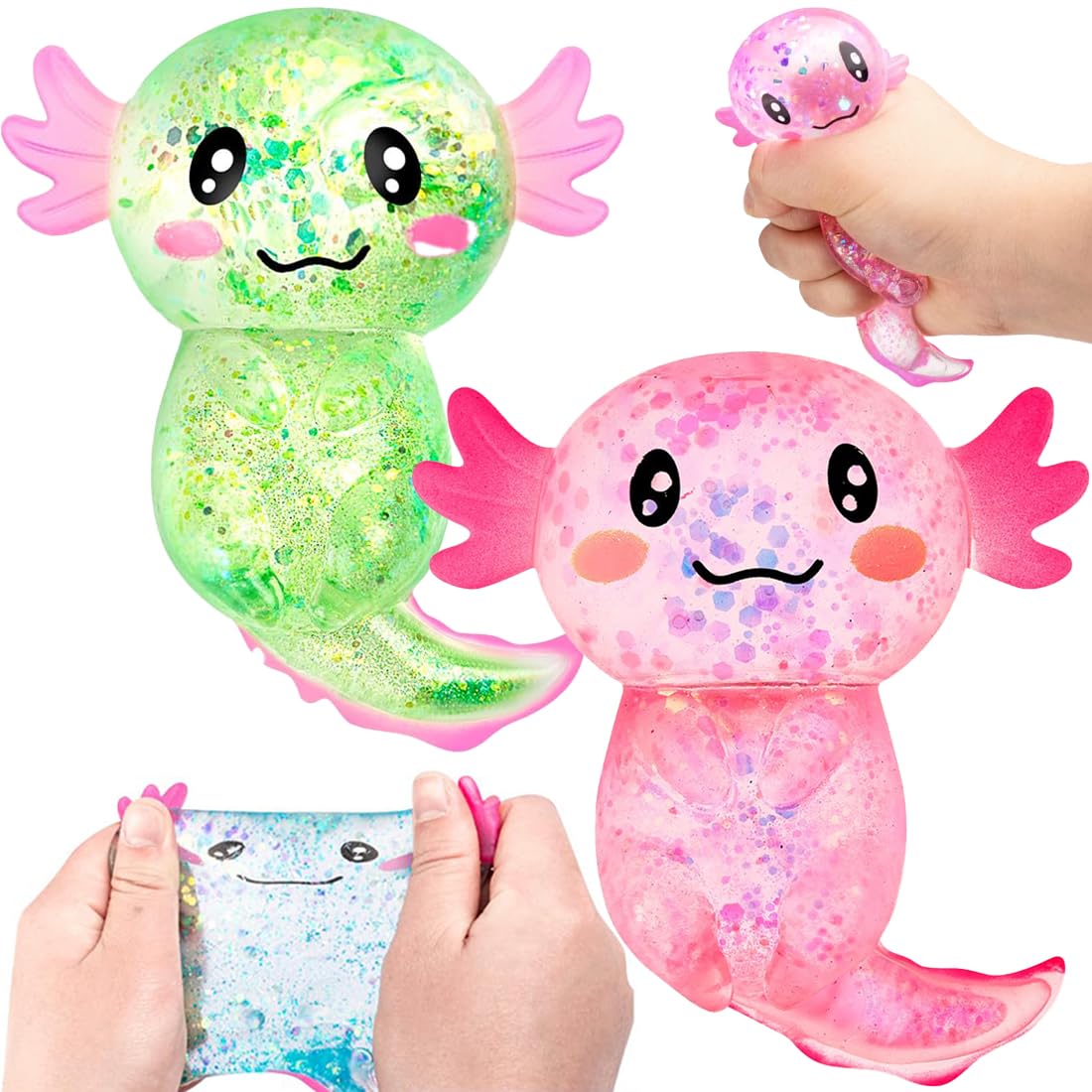 Axolotl Spielzeug, 2 Stück Sensory Stress Squishy, Glitzernde Axolotl Antistress Spielzeug Squishy für Kinder Erwachsener, (Grün, Pink) Squishy Ball Stressabbau für ADHD Autismus Geburtstag.