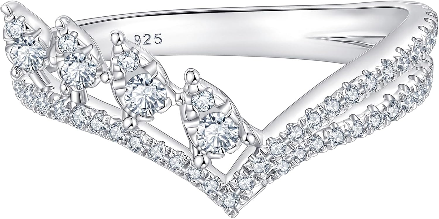 D Color VVS1 Moissanite Wedding Bands for Women 925 Sterling Silver Eternity Rings Wishbone Round Size 5-10