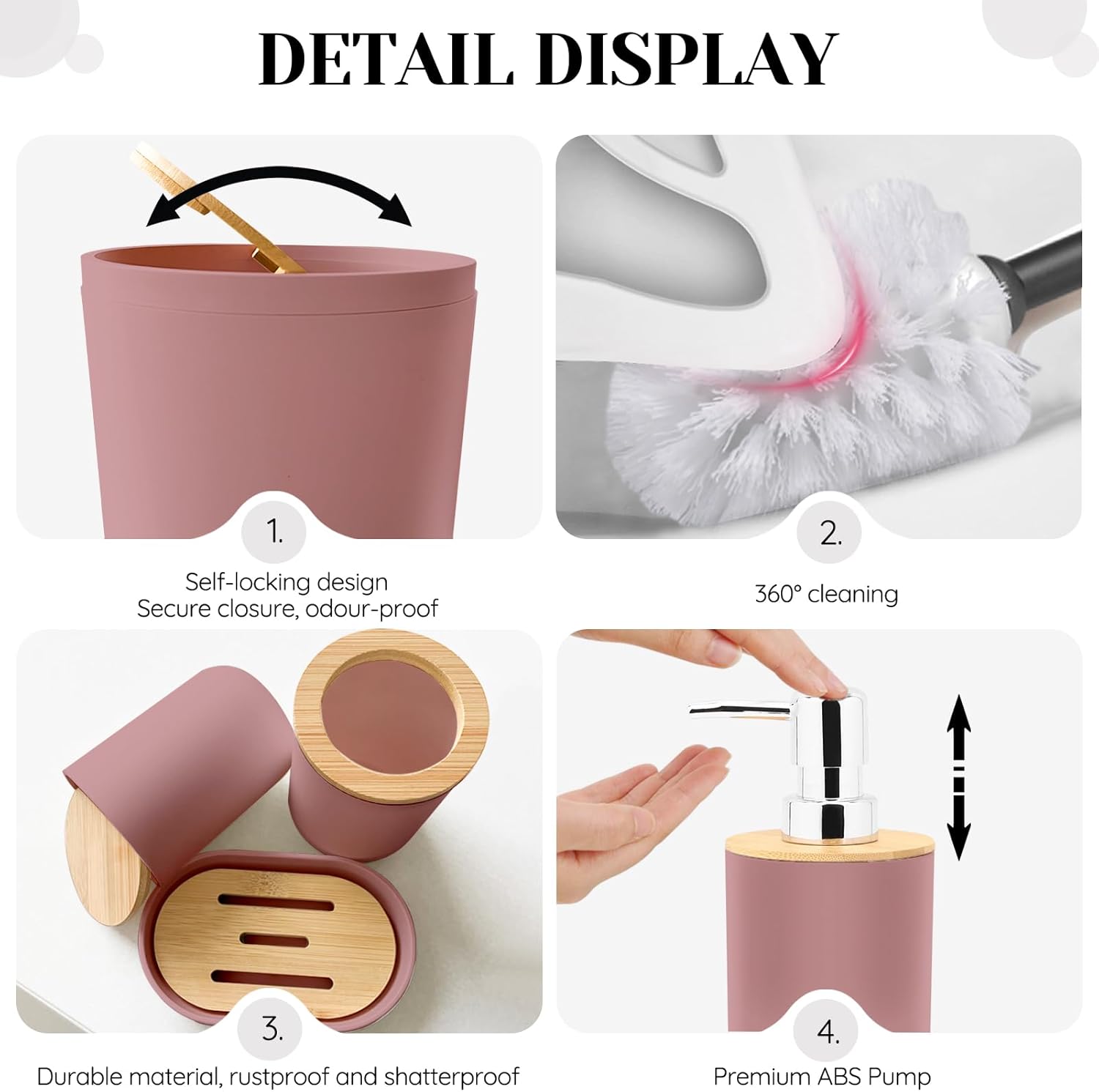 Pink Bathroom Sets with Shower Curtain and Rugs, Bathroom Accessory Set with Shower Curtain,Bath Rugs, Trash Can, Toilet Brush Holder Set & Soap Dispenser