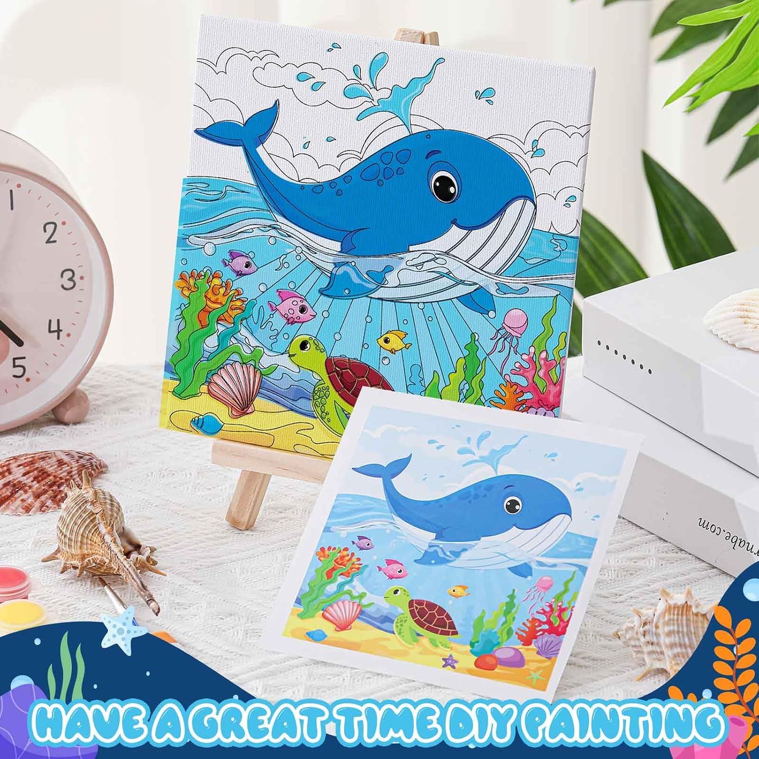 Tenceur 12 Sets Pre Drawn Canvas to Paint Adult Stretched Coloring Painting Canvas Panels with Design Easel and Brushes for Party Supplies Beginner Favor(Sea Animal) image 4