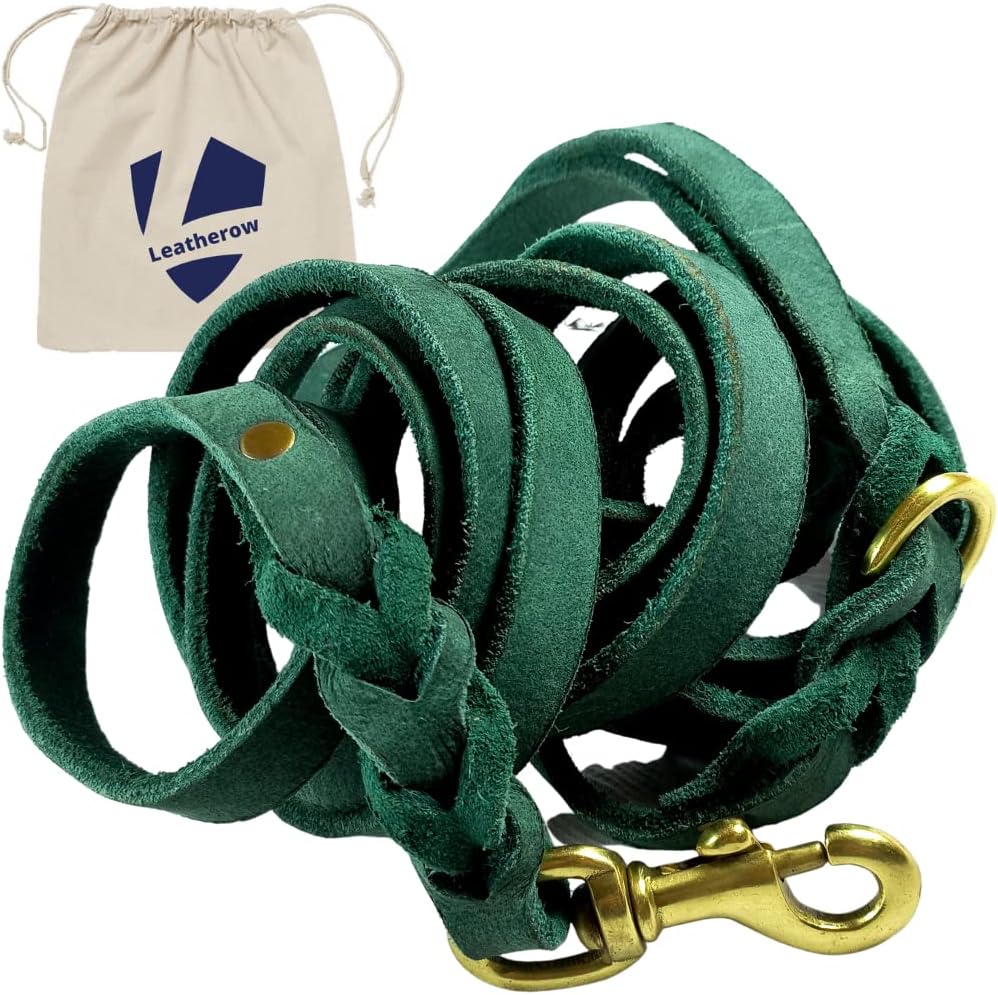 10 FT Braided Full Grain Leather Dog Leash, Heavy Duty Long Training Lead for Large Medium Small Dogs, Soft Strong Leather Leash for Walking, Hiking, Obedience ControlTan
