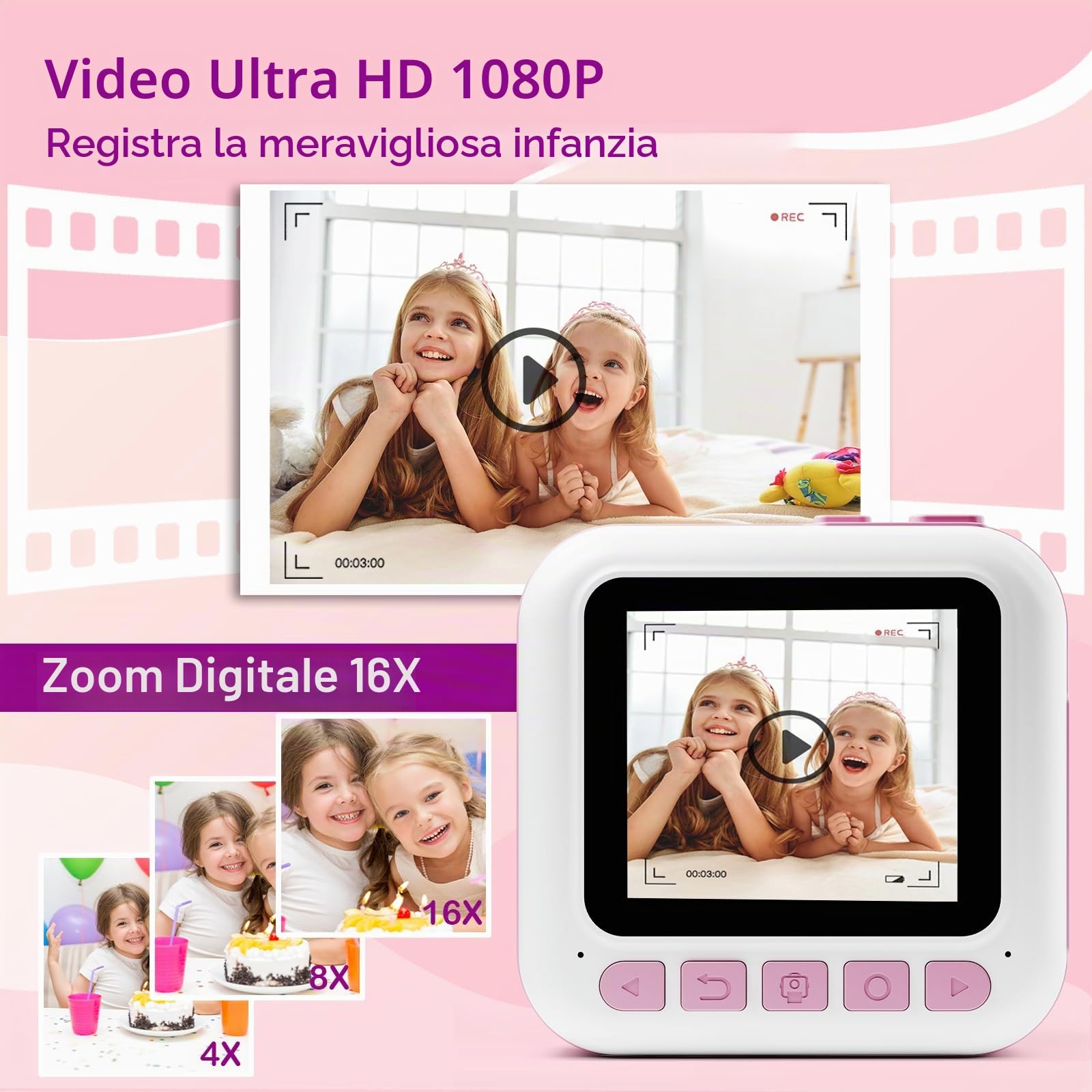 Macchina Fotografica Bambini Istantanea, 2,4 Pollici 1080P Fotocamera Bambini Selfie con Carta da Stampa e 32GB Scheda, Giocattolo Regalo di Natale Bambino e Bambina 3 4 5 6 7 8 Anni (Rosa)