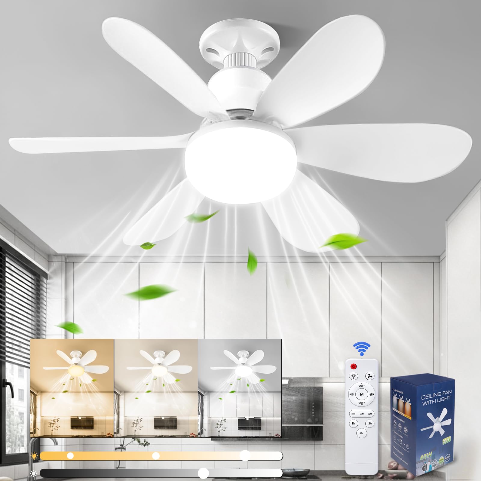 Wentylator sufitowy ze światłem i pilotem,52 cm lampa z wentylatorem sufitowym LED z możliwością przyciemniania Zintegrowana lampa E27,6 łopatek,4 prędkości,cicha,do salonu,sypialni,toalety.