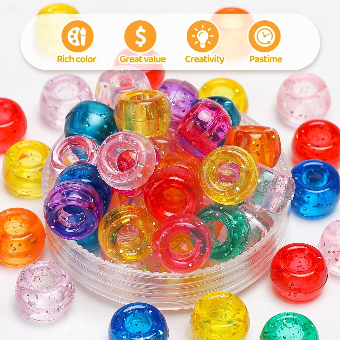 Pony Beads 1100+ Pcs – Glitter Clear Plastic Kandi Beads in Jar for Bracelets, Hair Braids, Jewelry Making & DIY Crafts - Image 4