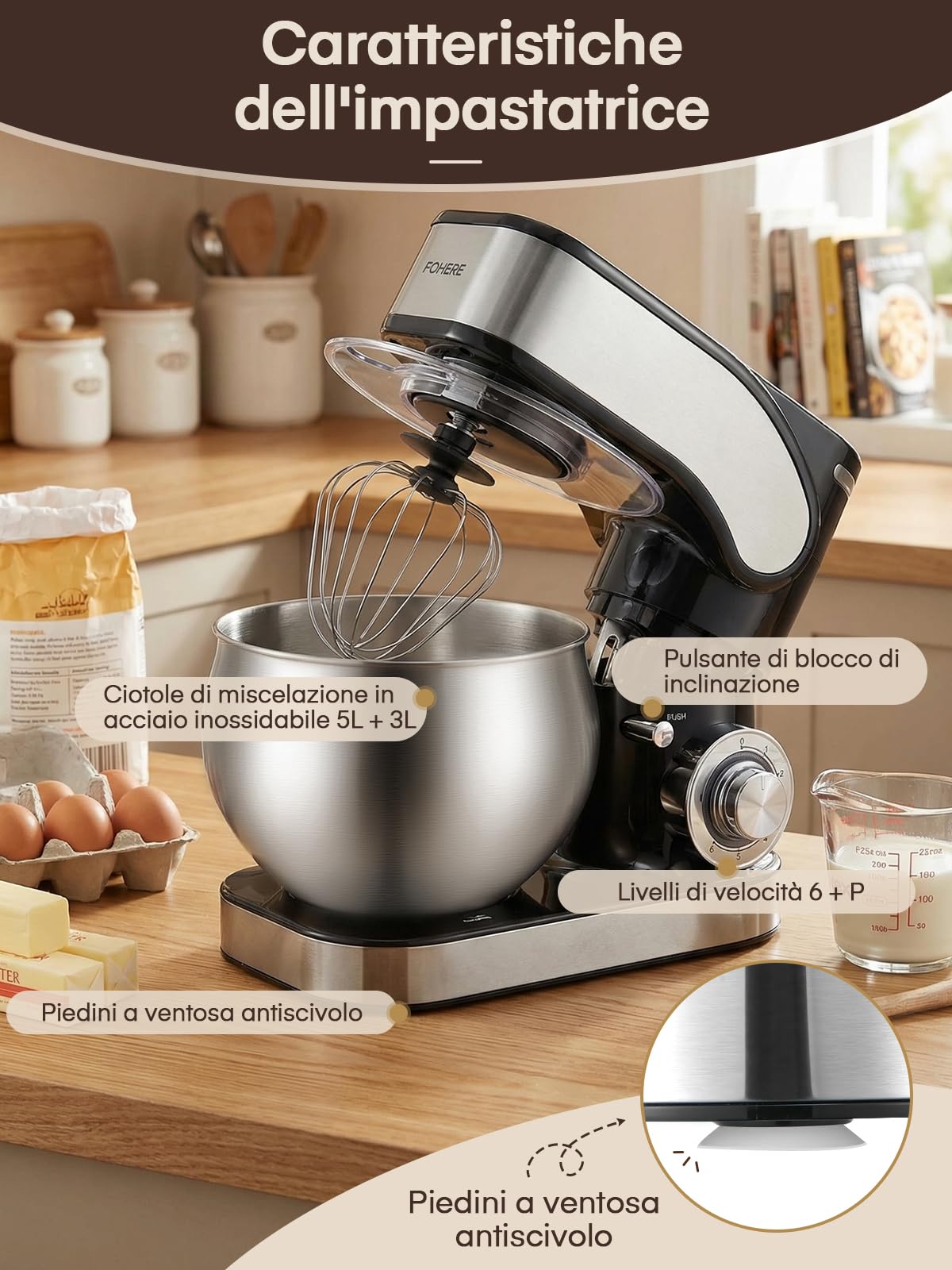 Impastatrice Planetaria con 5L + 3L Doppia Ciotola in Acciaio Inox, Uncino Impastatore Migliorato, Impastatrice a Spirale 6+P Velocità, 1300W, per Pane, Pizza, Dolci e Pasticceria Domestica