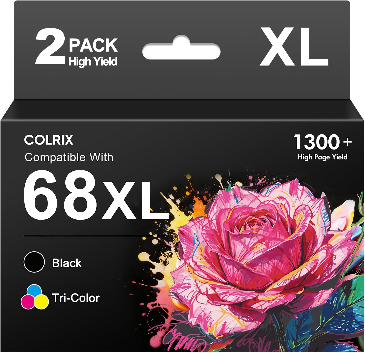 68XL 68 Ink Cartridges Black/Color Combo Pack High Yield Replacement for HP Ink 68 68XL for Envy 6155e 6555e 6152e 6552e 6558e Printers (2-Pack, 1 Black, 1-Tri-Color)