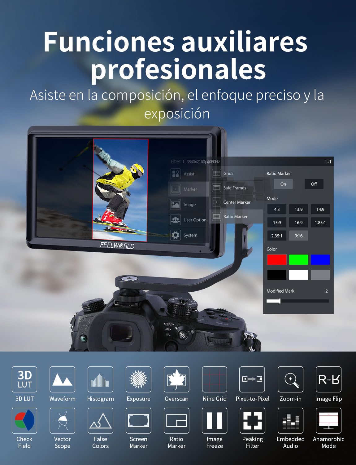 FEELWORLD S55E Monitor para cámara DSLR de 5,5 Pulgadas 3DLUT Full HD 1920x1152 IPS Forma de Onda con HDMI 4K60Hz Entrada/Salida de 8,4 V CC con Parasol batería de 2200 mAh y Funda de Transporte