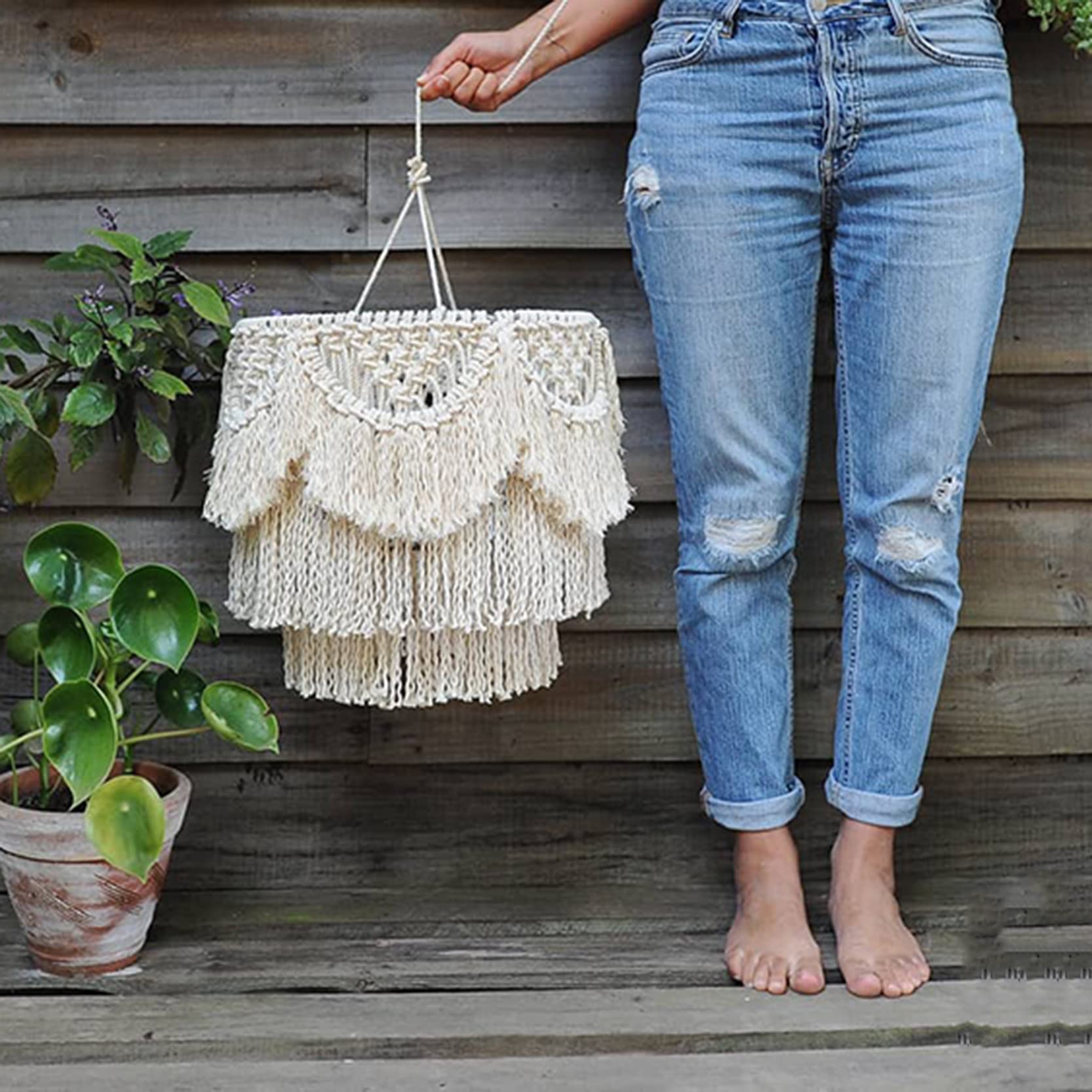 Macrame Lampshades for Ceiling Lights,Bohemian Tassel Macrame Lantern Lamp Shade,Handmade Natural Cotton Rope Chandelier Light Shade Fitting for Living Room,Beige-30x50cm