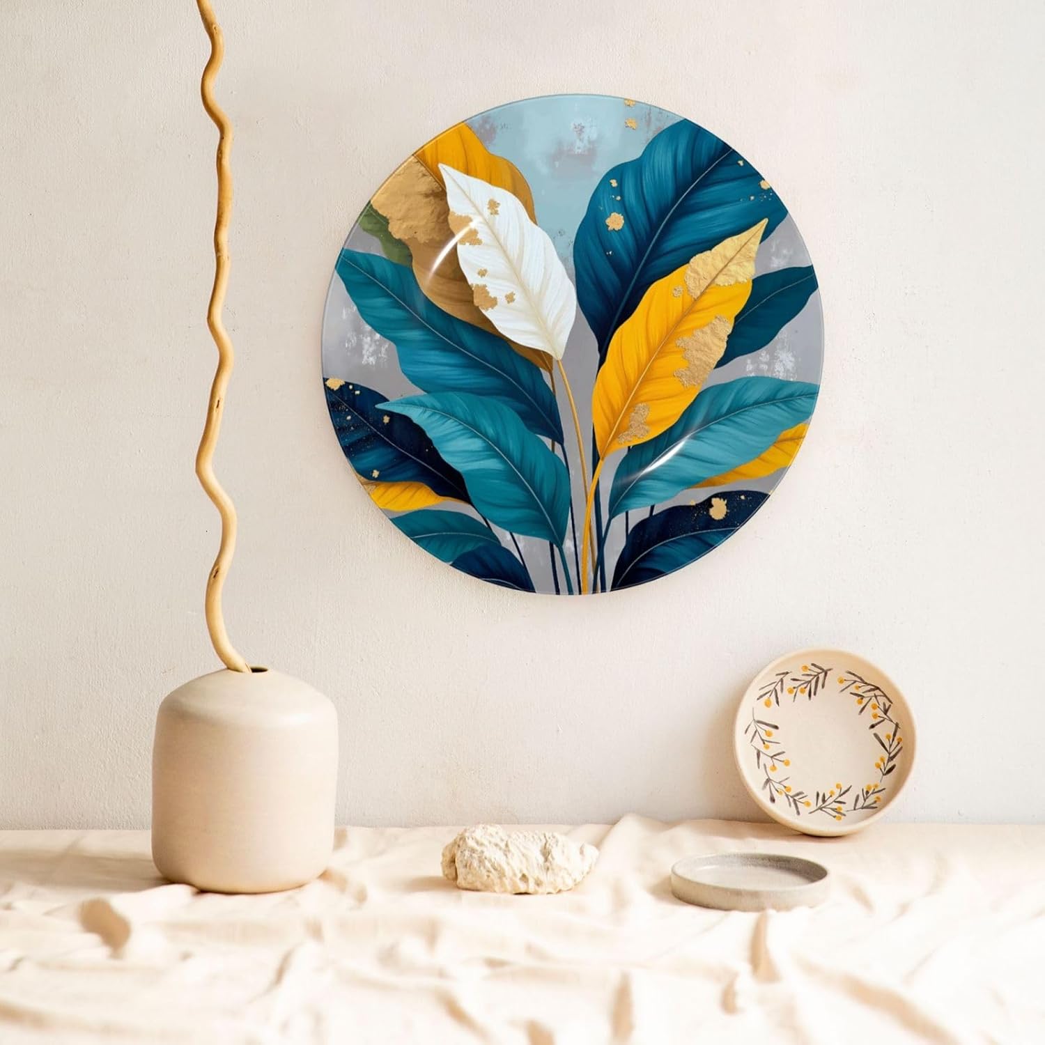 Golden Tropical Leaves Style Ceramic Plate Display Decorative Plate With Stand Wall Hanging Plate For Home Decor 10 Inch