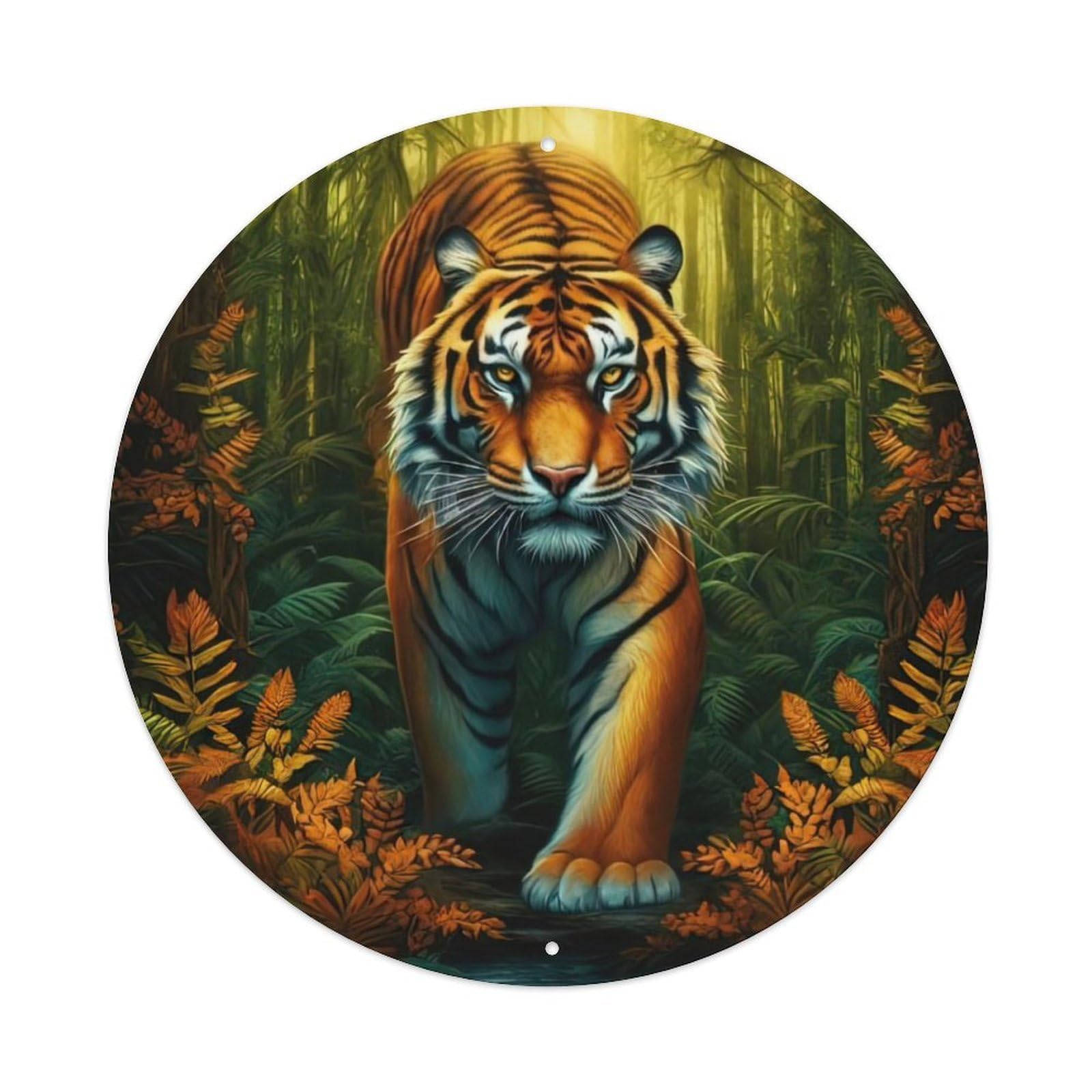 Tigers in The Forest Wildlife Artwork Poster Vintage Metal Tin Sign Plaque Wall Decor for Cafe, Club, Garden Round Metal Poster 8x8Inch