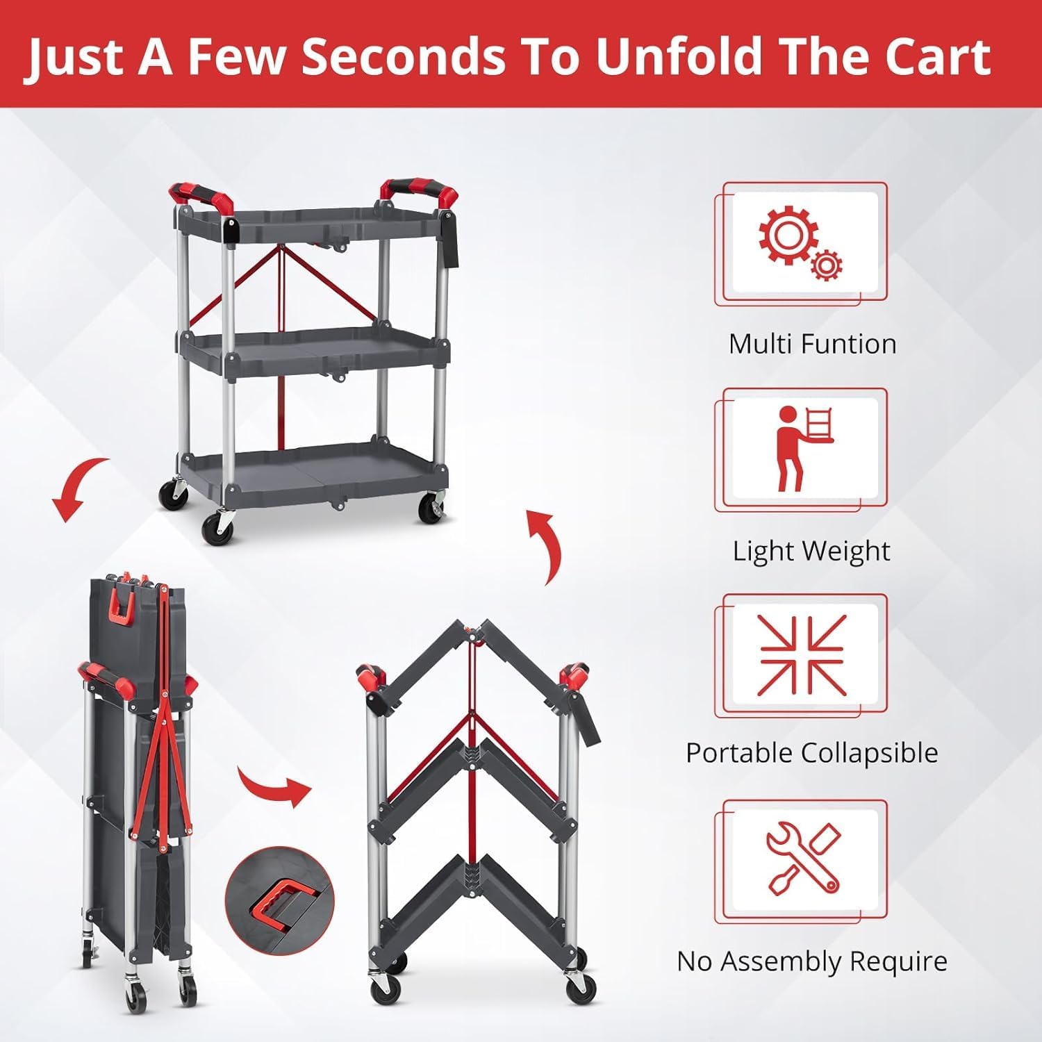 3-Tier Portable Folding Service Cart, Fold Up Rolling Cart, Collapsible Push Cart with Wheels, 56 Lbs Load Capacity per Shelf Folding Utility Carts for Home/Office/Warehouse Gery