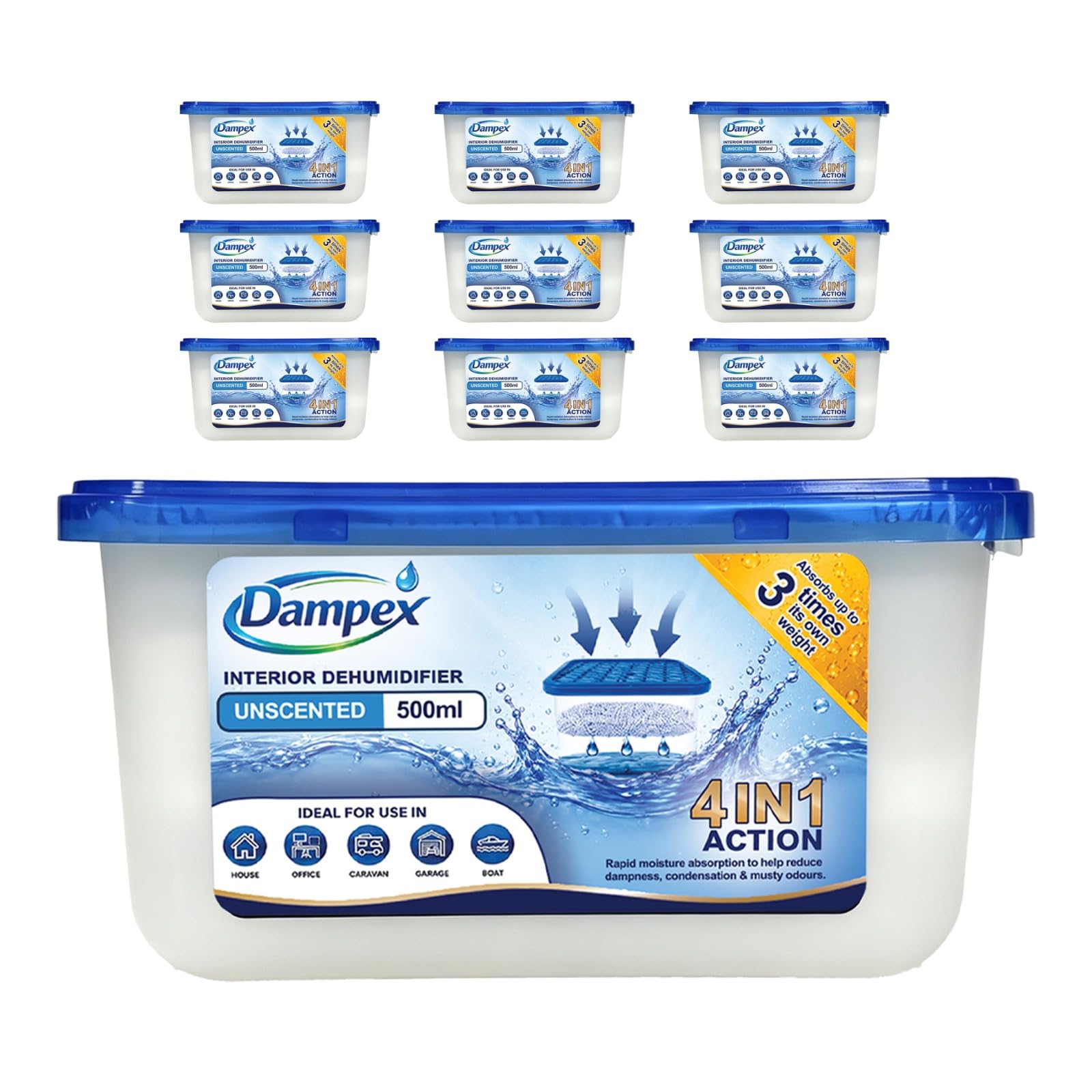 DAMPEX Interior Dehumidifier Moisture Absorber Damp Trap 500ml Tub Pack of 10 (Unscented)